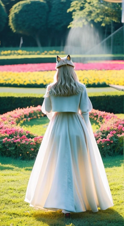 1people々々々々々々々々々,Woman with medium length blonde hair,Fox Ears,Long coat,Takageta, Dress Silhouette, Rear View,Space Sky, Flower Field,Colorful flowers,Dancing Petals,full moon,