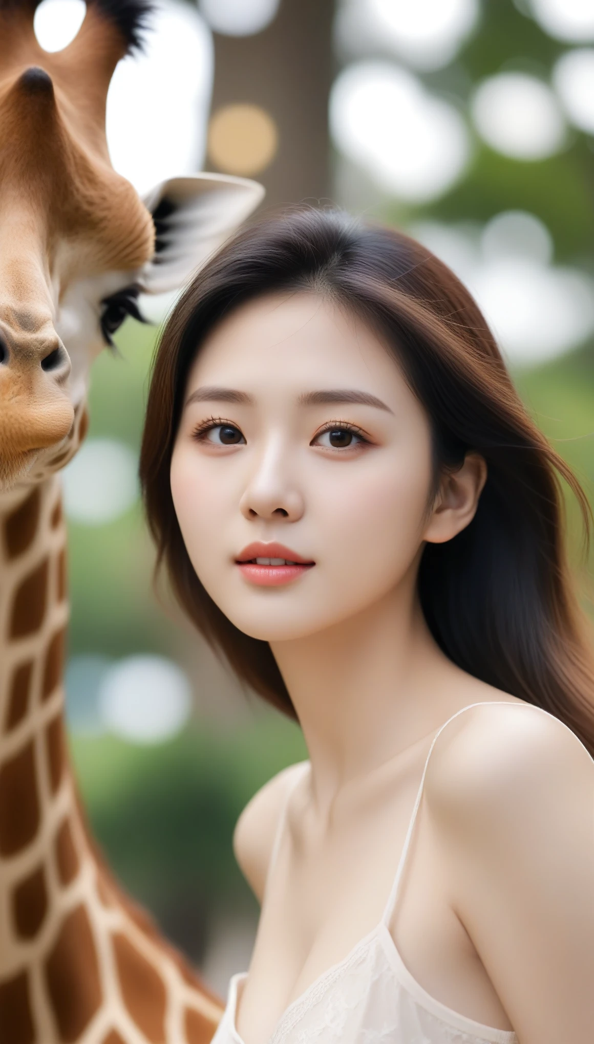close-up of beautiful korean female, 34 inch breasts size, wearing camisole, selfie with giraffe, bokeh background, UHD