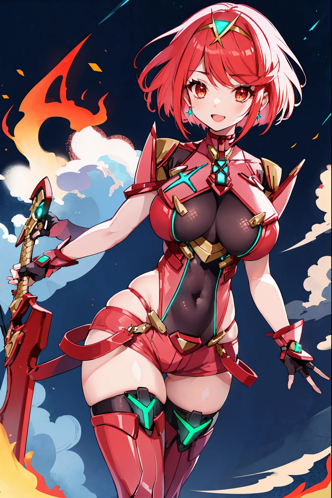 pyra \(xenoblade\), _1girl, armor, bangs, black gloves, breasts, red eyes, closed mouth, earrings, eyelashes, fingerless gloves, floating hair, framed breasts, gem, gloves, hair ornament, headpiece, jewelry, big_breasts, leaning back, leotard, neon trim, official art, pose, red hair, red shorts, saitou masatsugu, short hair, short shorts, short sleeves, shorts, sidelocks, skin tight, solo, standing, swept bangs, thighhighs, tiara, night_prairie_background, turtleneck, underbust, vambraces, xenoblade chronicles \(series\), (xenoblade chronicles 2), apart_legs, fire_effect,dynamic_pose_fighting,light_smile, (plump:1.1), big_ass,huge_sword, hold_large_sword_hilt, solo, covered_nipples, covered_pussy,open_mouth,back_view,