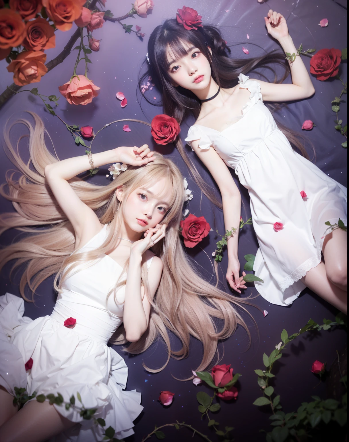 Beautiful image of two women in white dresses in a garden of roses, two beautiful  girls, ethereal anime,  a-1 pictures, Cute style like fate/stay night, beautiful girl, cute girls, 
