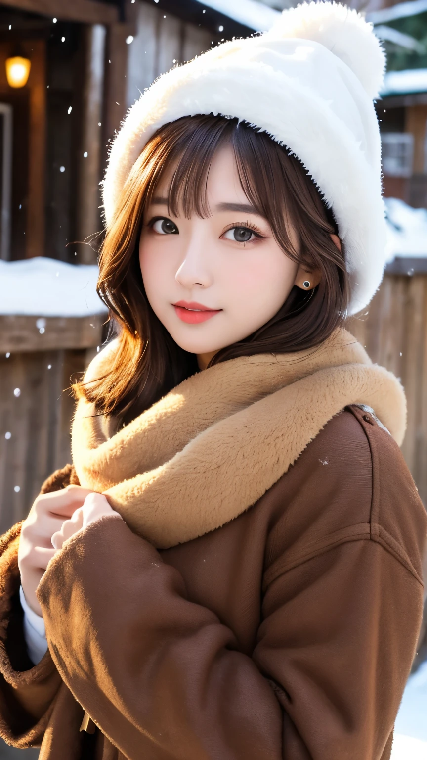 1 girl, just_wood, Brown_eye, Brown_hair, building, coin, cross_earrings, earrings, fur, fur trimmed_coin, fur_collar, fur_scarf, fur_trim, jewelry, lips, shorthair, looking for_in_viewer, outdoor, snow, snow, One person in, wood, upper_body, winter, winter_Clothes, be familiar with_eye,big , bring your arms closer,  facing camera, big, ears are sticking out, Golden rinio face, Golden rinio body, highest quality, ultra high resolution, Front hair
