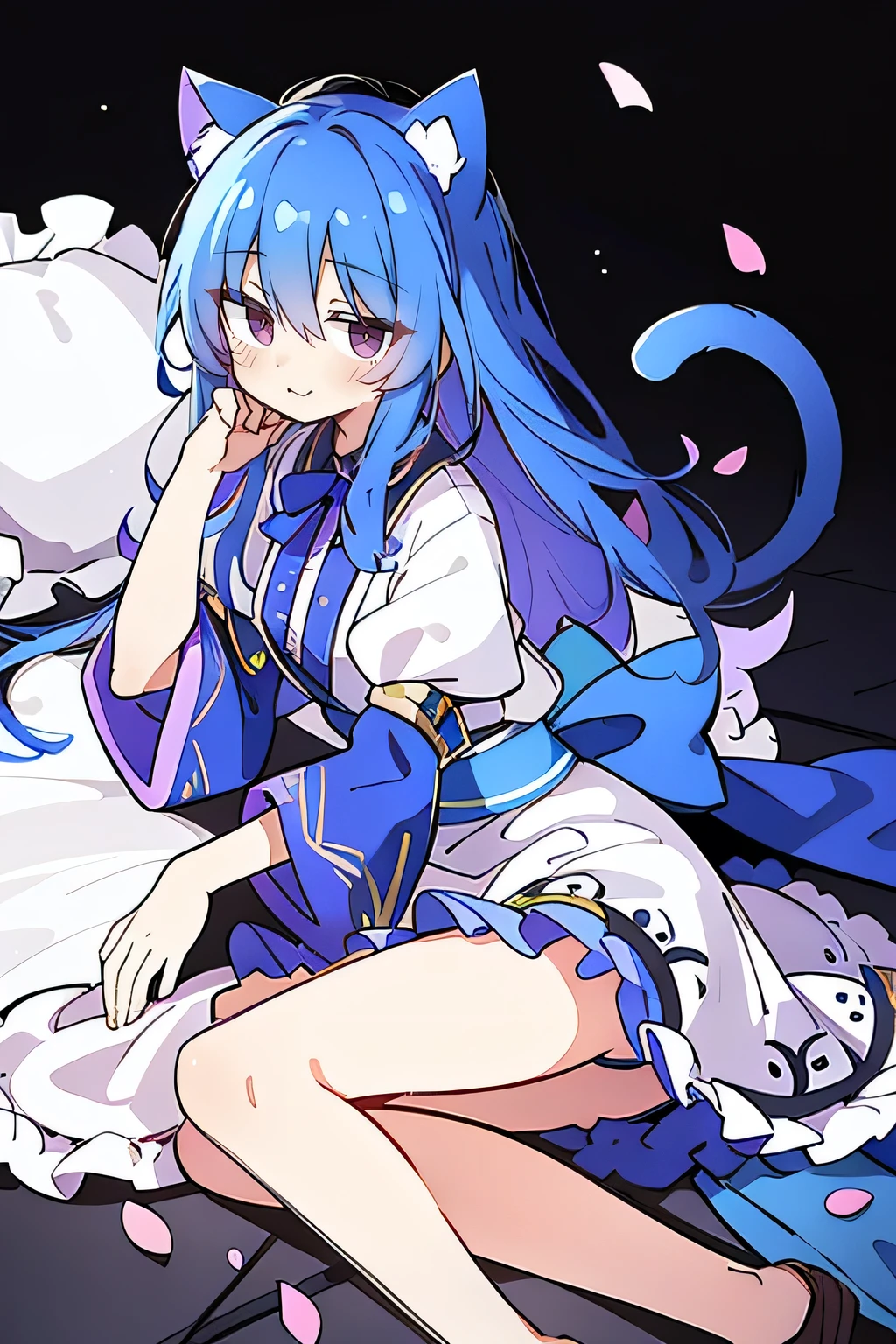 （masterpiece：1.2），Super detailed，lifelike，Expressive eyes，fair skin，perfect face shape，1 girl，
Japanese comics,Gorgeous blue hair,flowing blue hair,flowing clothes,Cat ears,Petals fall,beautiful lola,Baby Angel,
Shaking head with one hand，Lying gracefully on the ground，Cross your legs，Gentle and peaceful background，The pavilion is cool and comfortable,smile.