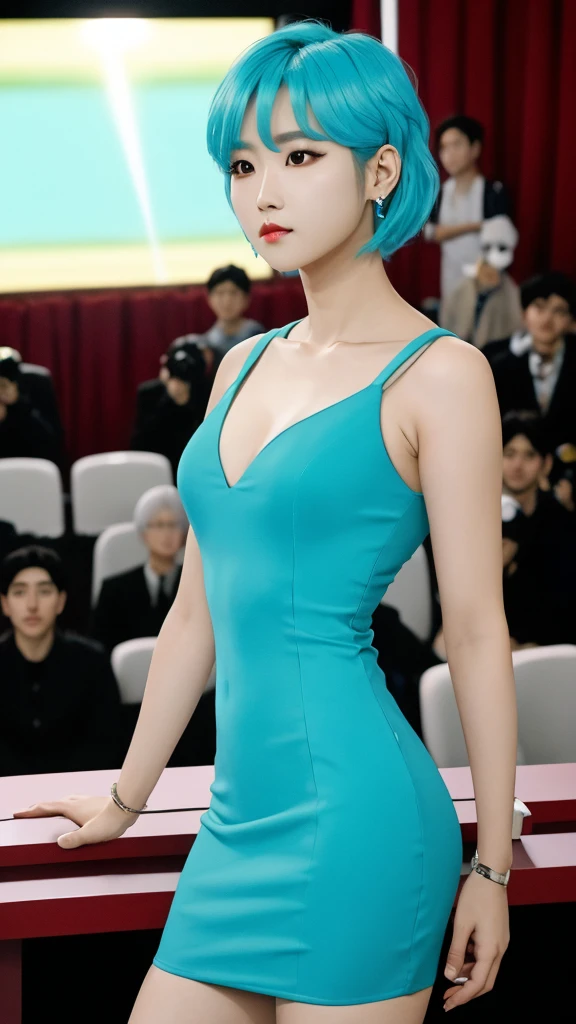 ace, 16K, ultra realista, super detalhado, high resolution, melhor qualidade, head: 1.3, (Korean K-pop idol), pale cyan hair, pale white skin, pele iluminada, sombreamento realista, texturas realistas, sharp focus, (cinema lighting), clavicle, Morning, luz suave, dynamic angle, [: (rosto detalhado:1.2):0.2], seios grandes naturais, rugas nas axilas, fenda apertada, vestido vermelho, magro hot, meio do peito, decote, corpo todo, fundo desfocado, different positions in various types of angles.