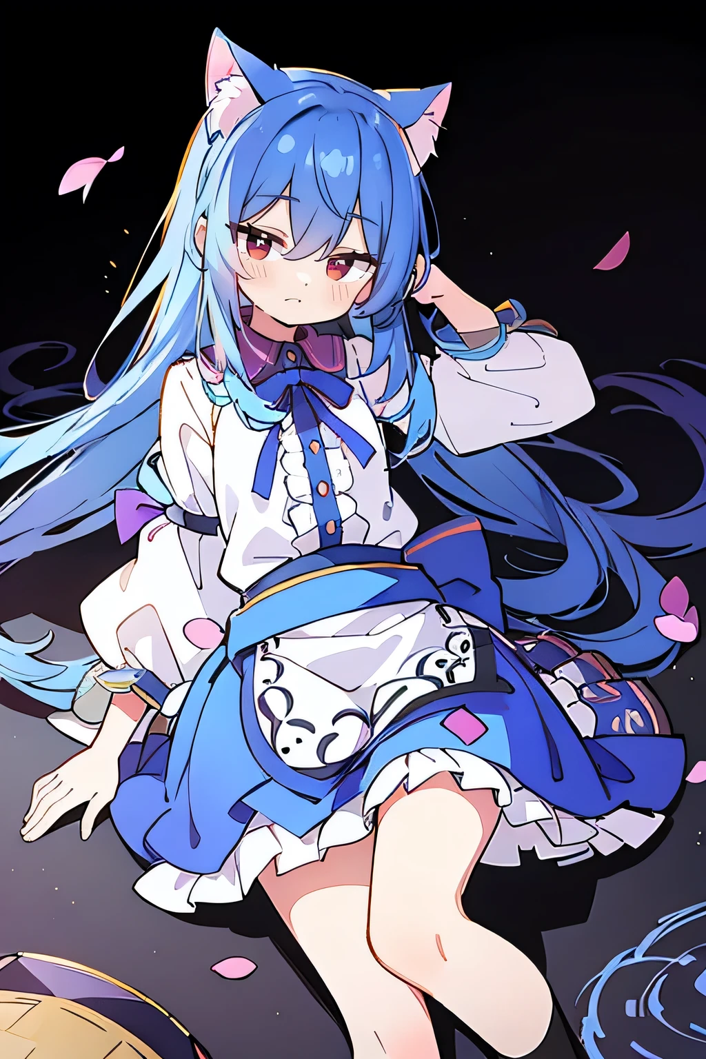 （masterpiece：1.2），Super detailed，lifelike，Expressive eyes，fair skin，perfect face shape，1 girl，
Japanese comics,Gorgeous blue hair,flowing blue hair,flowing clothes,Cat ears,Petals fall,beautiful lola,Baby Angel,
Shaking head with one hand，Lying gracefully on the ground，Cross your legs，Gentle and peaceful background，The pavilion is cool and comfortable,smile.