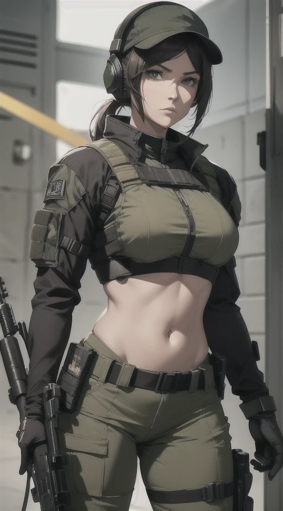 a woman in a black outfit holding a rifle and wearing headphones, 45-year-old woman, soldier girl, mechanized soldier girl, military girl, beautiful female soldier, female lead character, infantry girl, of a sniper girl in war, solo female character, future combat gear, close up half body shot, Women in crop top military bulletproof vest, showing navel, quiet from metal gear solid v, wearing tactical gear, dressed in tactical armor