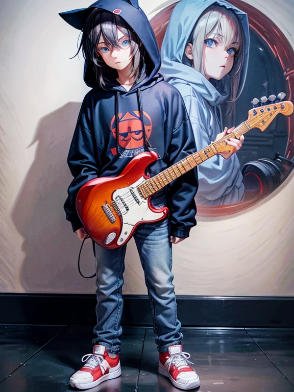 Anime guy in a sweater with a hood, Gloomy face, Blue eyes, dark hair, jeans on feet, Red sneakers, guitar behind my back.
