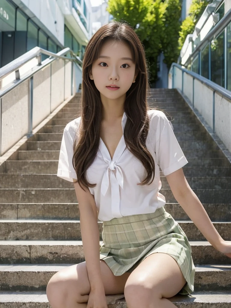 (best quality), high quality, very high resolution, (ultra detailed), 8k, (hyper realistic),Ray Tracing, japanese , Summer Shirts, skirt, Light Blonde, School stairs, going down School stairs, Chest thrust pose, Breast-flaunting pose,Cool Korean 16 year old, ((Very small breasts)), Beautiful eyes in every detail,Beautiful and slim legs, Beautiful and thin thighs, Random Medium Hair, Tie your hair behind your head, Earrings,