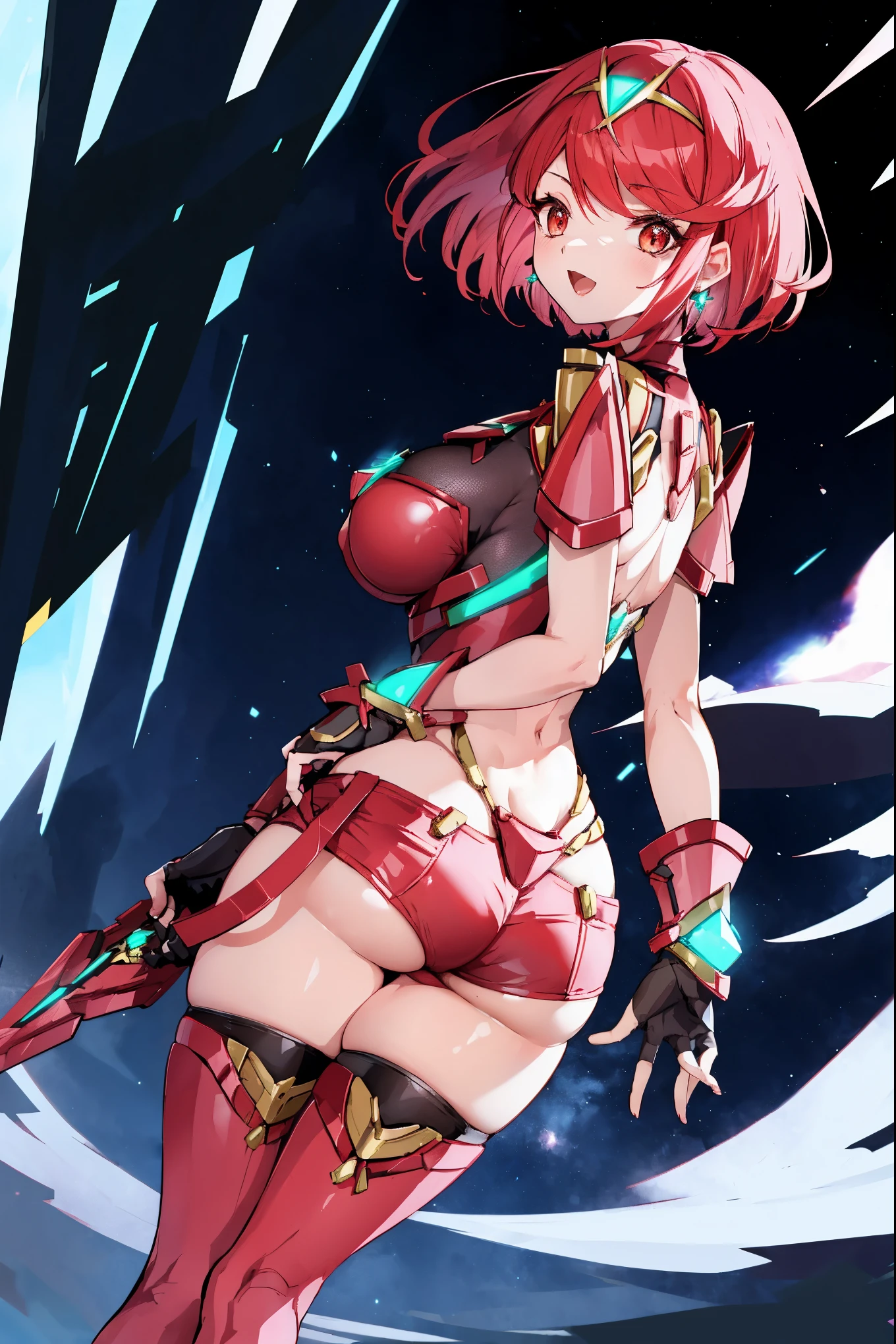 pyra \(xenoblade\), teen_1girl, armor, bangs, black gloves, breasts, red eyes, closed mouth, earrings, eyelashes, fingerless gloves, floating hair, framed breasts, gem, gloves, hair ornament, headpiece, jewelry, big_breasts, leaning back, leotard, neon trim, official art, pose, red hair, red shorts, saitou masatsugu, short hair, short shorts, short sleeves, shorts, sidelocks, skin tight, solo, standing, swept bangs, thighhighs, tiara, night_prairie_background, turtleneck, underbust, vambraces, xenoblade chronicles \(series\), (xenoblade chronicles 2), apart_legs, fire_effect,dynamic_pose_fighting,light_smile, (plump:1.1), big_ass,huge_sword, hold_large_sword_hilt, solo, covered_nipples, covered_pussy,open_mouth,back_view,