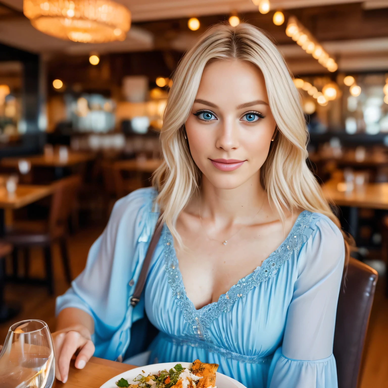 photo d'une blonde de 27 ans (femme aux yeux bleus), To L'interior of'un restaurant en train de manger avec de la nourriture, wavey cheveux, gros seins, (robe), details (textures! , cheveux! , Couleur!! , disadvantages: 1.1), yeux avec beaucoup de details (En regardant la caméra), Reflex lighting, Appareil photo reflex, Ultra-quality, acuity, profondeur de champ minimale, Grain du film (centre), Fujifilm XT3, clair comme de l'eau de roche, frame centre, beau visage, sharpness, detailed skin pores, complex eye details, tout le corps