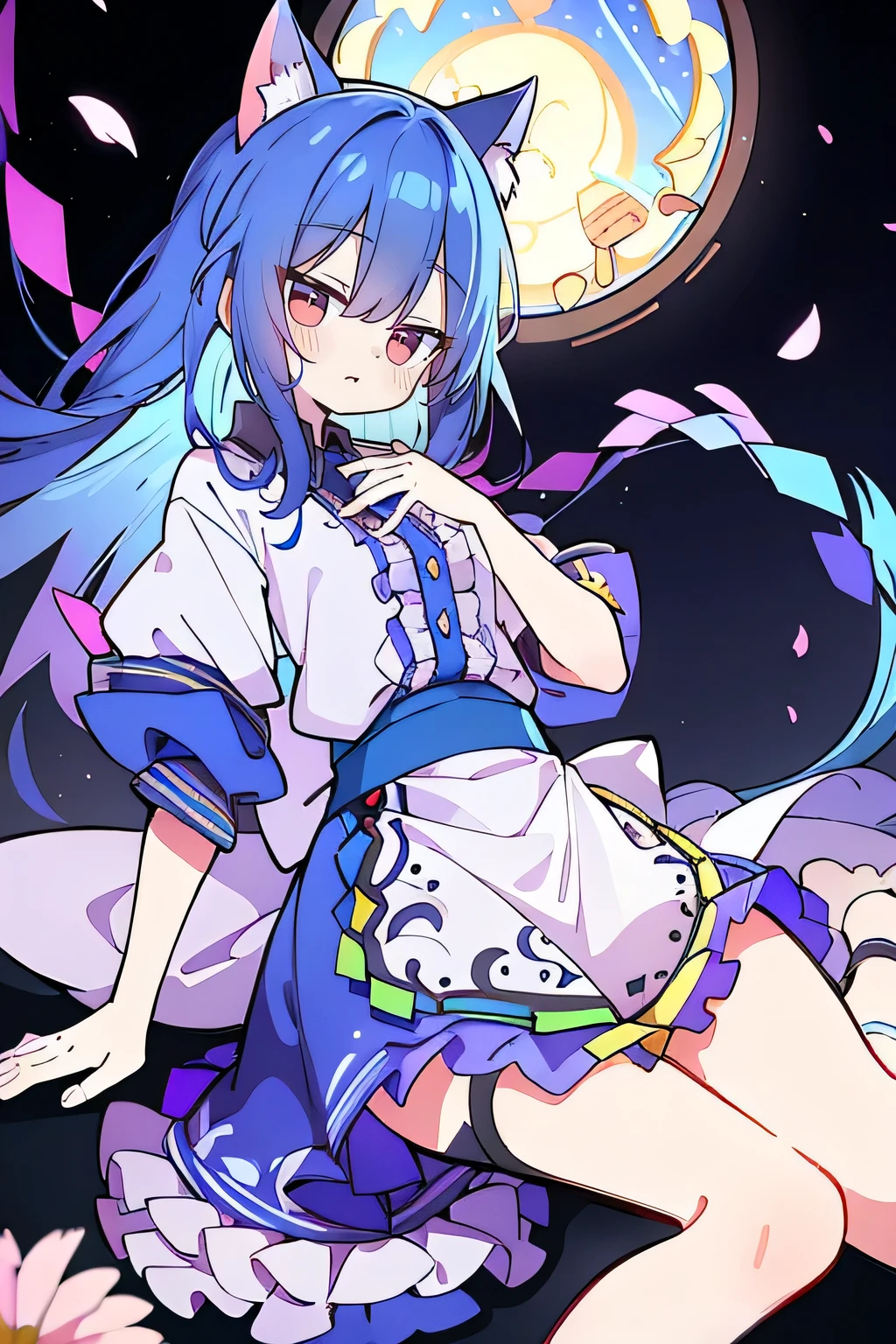 （masterpiece：1.2），Super detailed，lifelike，Expressive eyes，fair skin，perfect face shape，1 girl，
Japanese comics,Gorgeous blue hair,flowing blue hair,flowing clothes,Cat ears,Petals fall,beautiful lola,Baby Angel,
Shaking head with one hand，Lying gracefully on the ground，Cross your legs，Gentle and peaceful background，The pavilion is cool and comfortable,smile.