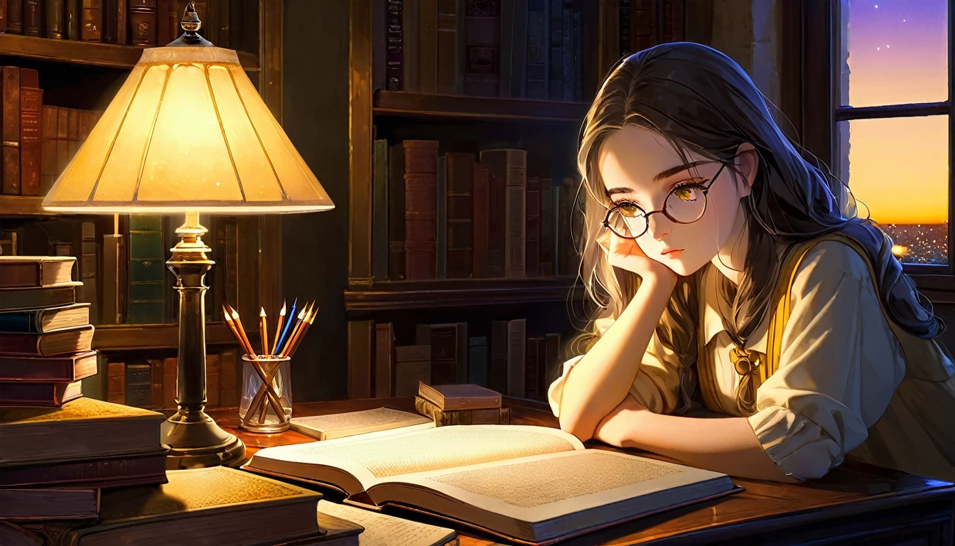 Masterpiece, Best quality, 1girl, Cozy corner, Jumble of books, Profound study, Desk lamp, Yellow glow, Peaceful ambiance, Quiet night, Window, Tranquil countenance, Intensity of concentration, Composed posture, Inquisitive eyes, Subtle tilt, Nimble fingers, Timeworn margins, Sultry aura, Silent focus, Deep in thought, Scholar, Old world wisdom, Intellectual, Thoughtful, Pensive, Well-read, Intellect, Knowledgeable, Wisdom seeker, Glimpse into the mind, Soaking up the knowledge, Absorbing the information.
A girl, enscon,evening,