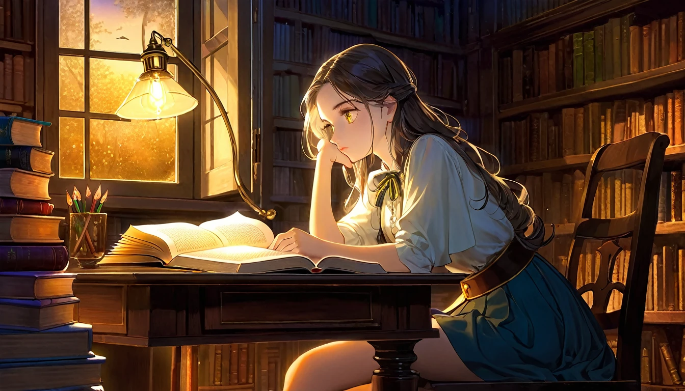 Masterpiece, Best quality, 1girl, Cozy corner, Jumble of books, Profound study, Desk lamp, Yellow glow, Peaceful ambiance, Quiet night, Window, Tranquil countenance, Intensity of concentration, Composed posture, Inquisitive eyes, Subtle tilt, Nimble fingers, Timeworn margins, Sultry aura, Silent focus, Deep in thought, Scholar, Old world wisdom, Intellectual, Thoughtful, Pensive, Well-read, Intellect, Knowledgeable, Wisdom seeker, Glimpse into the mind, Soaking up the knowledge, Absorbing the information.
A girl, enscon,evening,