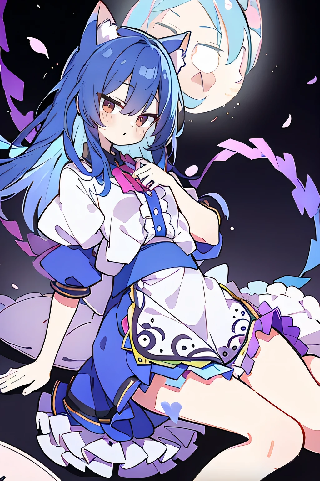 (masterpiece:1.2),Super detailed,lifelike,Expressive eyes,fair skin,perfect face shape,1 girl,
Japanese comics,Gorgeous blue hair,flowing blue hair,flowing clothes,Cat ears,Petals fall,beautiful lola,Baby Angel,
Shaking head with one hand,Lying gracefully on the ground,Cross your legs,Gentle and peaceful background,The pavilion is cool and comfortable,smile.