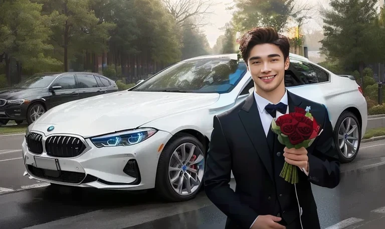 (hlaf body potaid:1.3),front view,cute,Smile,Superior quality,masterpiece,Beautiful hands,Ultra-high resolution,(Realism:1.4),Portrait of handsome young man wearing black suit,There are many flowers inside,He holds a bouquet of red roses to celebrate Valentine's Day,Valentine's Day style,Plain background,front view
