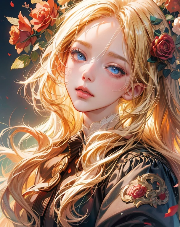 a girl with long blonde hair and ((blue eyes)) surrounded by flowers, detailed digital anime art, ross tran style, beautiful anime portrait, digital anime art, roses in her hair, beautiful anime artwork, high quality portrait, digital anime illustration, digital art on pixiv, beautiful anime art, beautiful anime art style, clean detailed anime art, by Yang J, detailed anime art