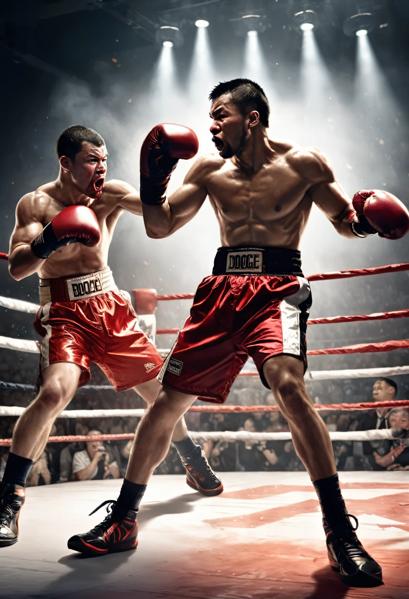 Design a boxing match scene with details: Under the scorching lighting of the boxing ring, two champion boxers are engaged in a fierce battle, sweat and blood intertwined on their boxing gloves. The crowd in the audience was boiling, cheering one after another. The coaches watched the game nervously, with dramatic gestures and expressions. The entire scene is filled with tension, speed, and a sense of power,Championship Boxer, Muscle Tone, Attack Stance, Defensive Stance, Dodge, Straight Punch, Hook, Uppercut,Boxing Gloves, Shorts, Tank Top, Boxing Shoes, Mouthguard,Sweat Drenched, Bloodied,Enthusiastic Audience, Screams, Standing Ovation, Coach's Instructions, Tactical Gestures,Boxing Ring, Ropes, Lights, Shadows, Audience Seating, Background Billboards