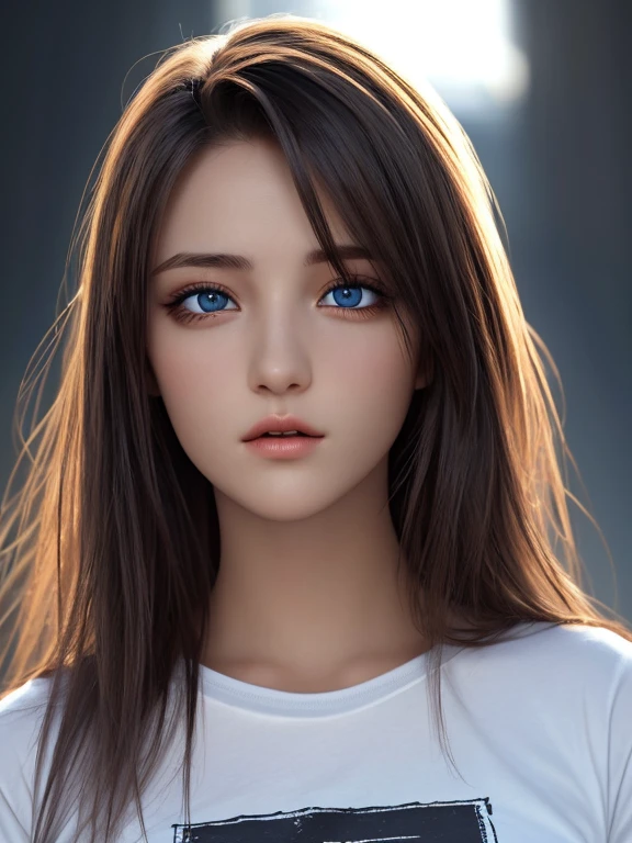 1 fille, cheveux longs, beaux yeux, beau visage, Detailed eyes and face, T-shirt, dynamic lighting, regarde l'objectif