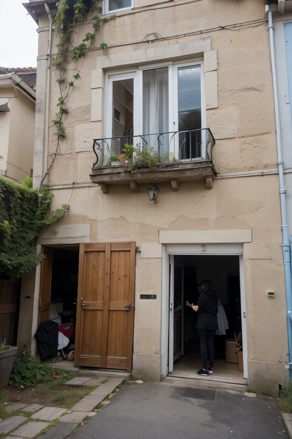 Une maison et
une echelle posée au mur et un personnage qui essaie de monter pour rentrer par la fenêtre