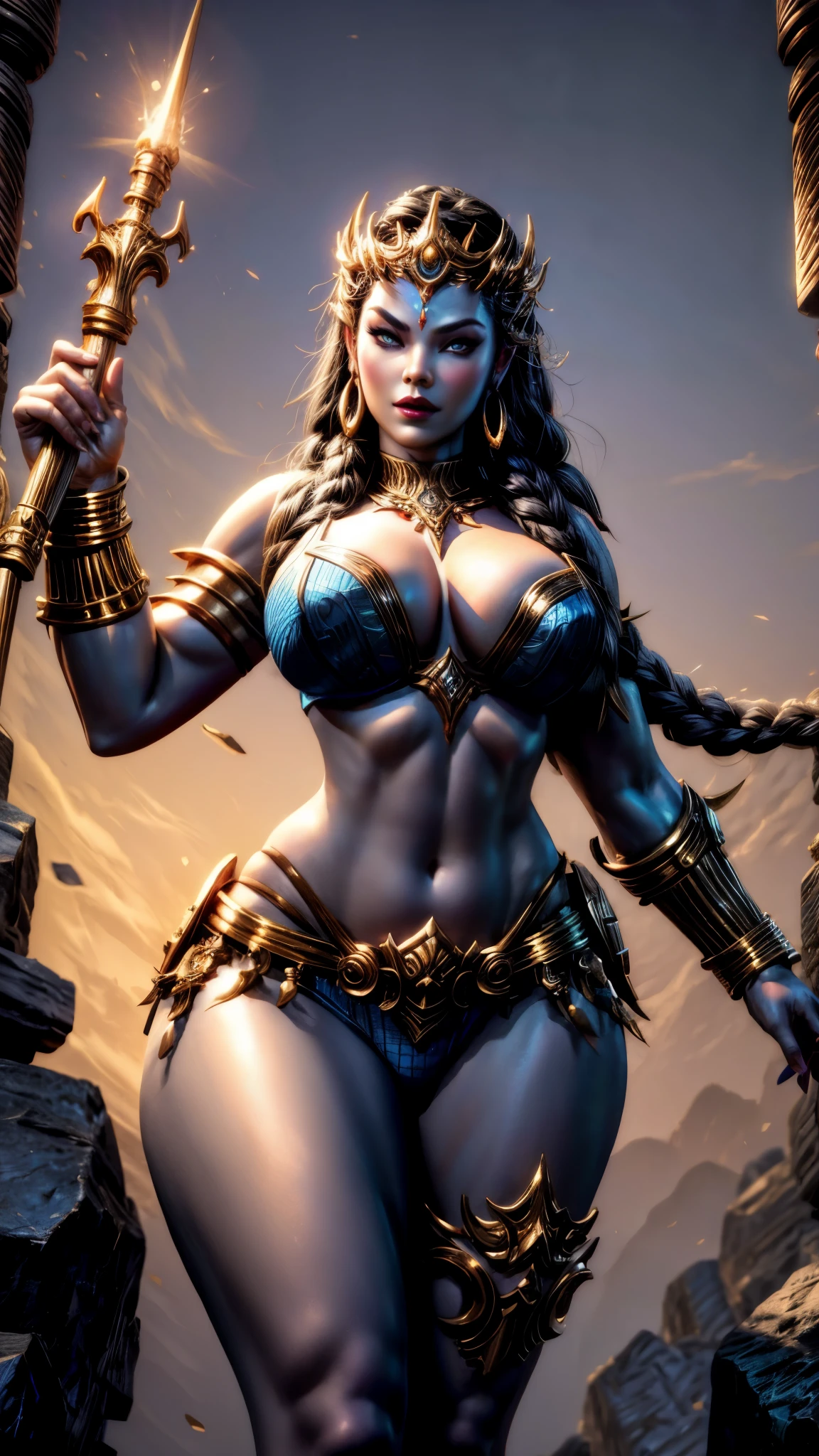 smite_kali, smirk,, (gorgeous, beautiful, enchanting:1.3), Large breasts, thick thighs, curvy hips, masterpiece, Hyperrealistic Skin, Hyperrealistic details