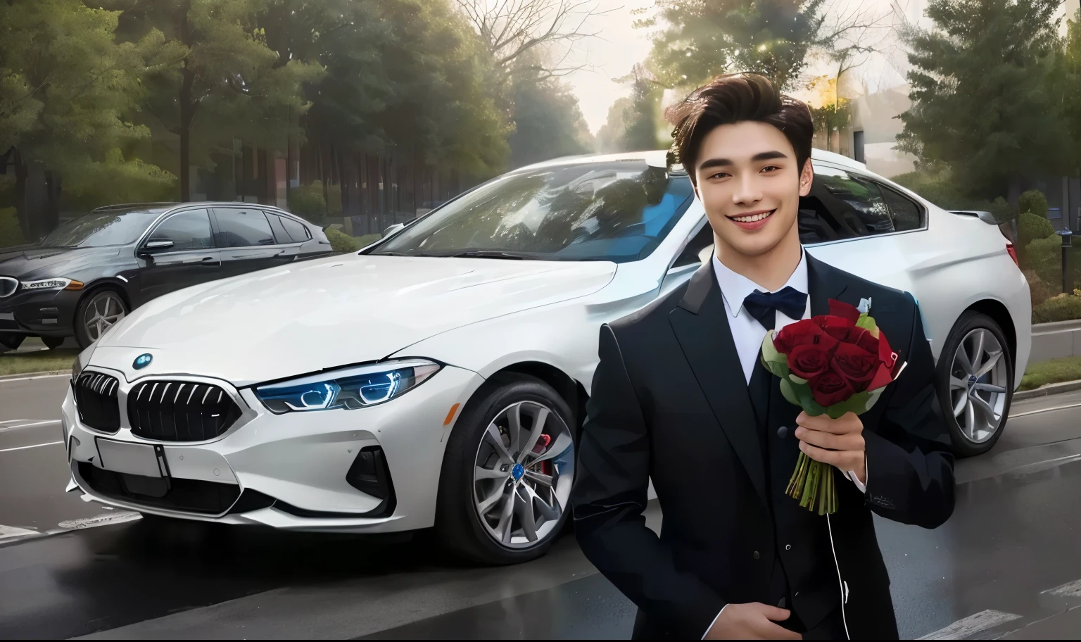 (hlaf body potaid:1.3),front view,cute,Smile,Superior quality,masterpiece,Beautiful hands,Ultra-high resolution,(Realism:1.4),Portrait of handsome young man wearing black suit,There are many flowers inside,He holds a bouquet of red roses to celebrate Valentine's Day,Valentine's Day style,Plain background,front view