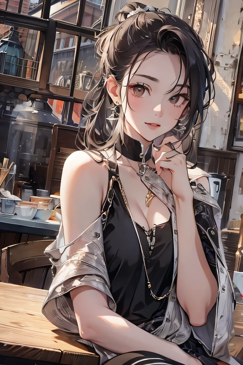 highest quality, High resolution,thin、Brown eyes、expensive、Black Hair、(amount:1.3),Hair Bun、Cafe、(Black sleeveless:1.3)、Silver earrings、Shyness