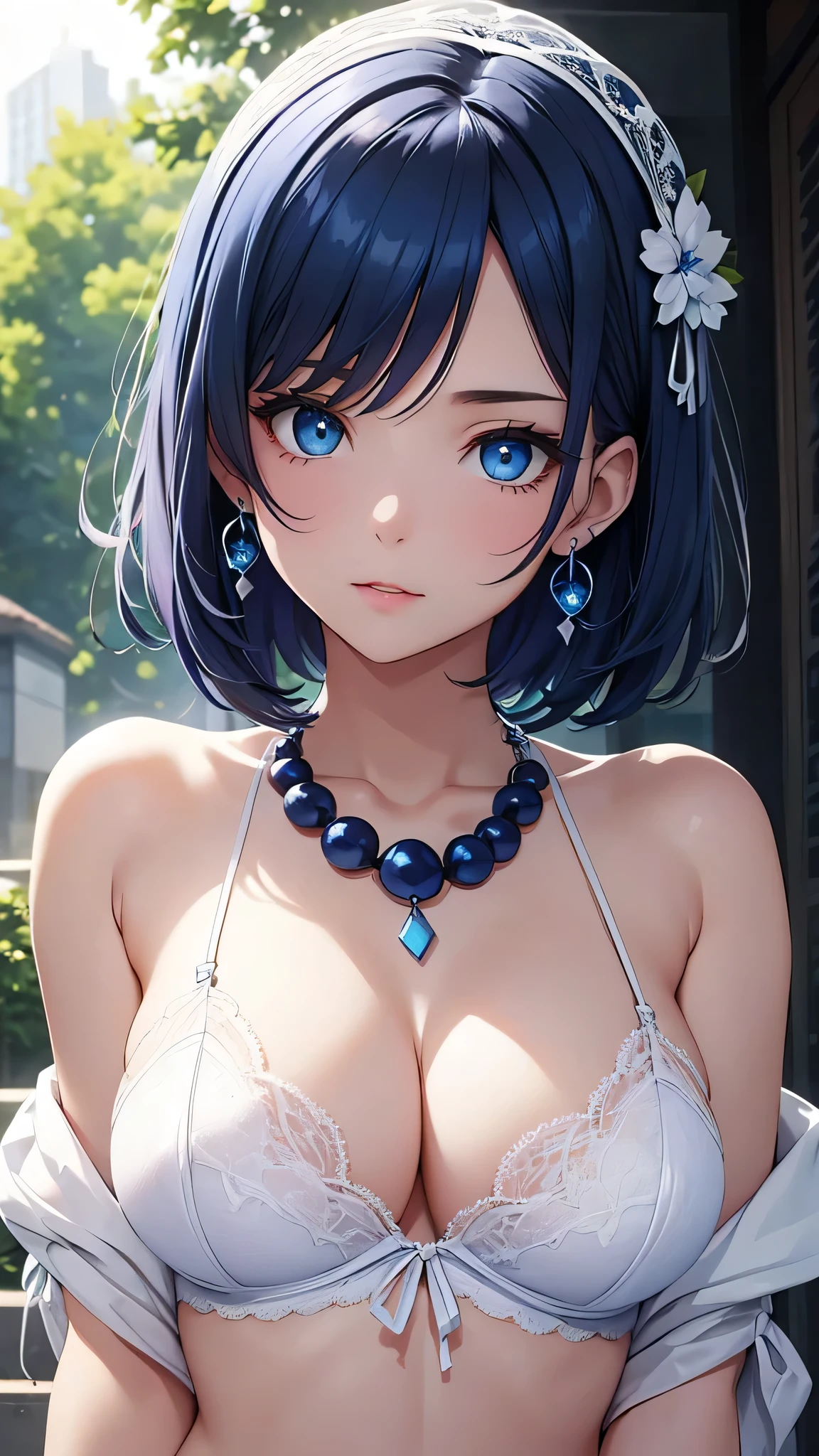 beautiful girl, Navy Blue Hair, Blue eyes, White underwear、White lace、Big Breasts、super close range、Blue Necklace、Blue earrings、head band、Short Hair