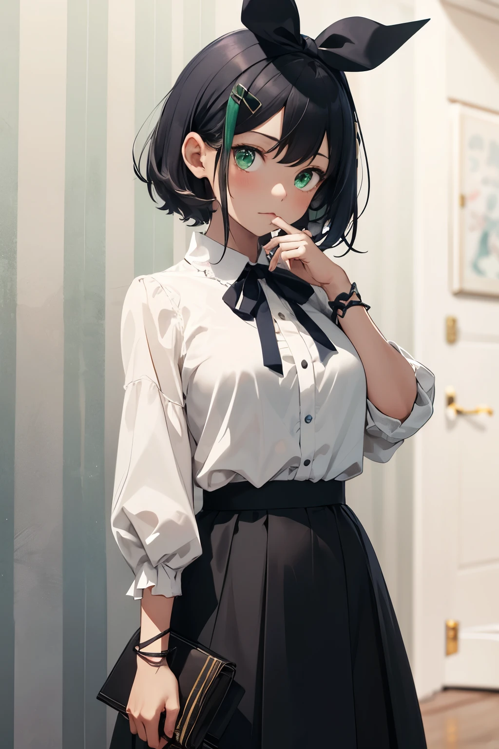 photo, masterpiece, best quality, wallpaper, 1girl, short hair, dark blue hair, green eyes, hair accessories, white blouse, black long skirt, ribbon on neck, shy expression, hand over mouth, hairclips, ribbon on wrist, big ribbon on hip,