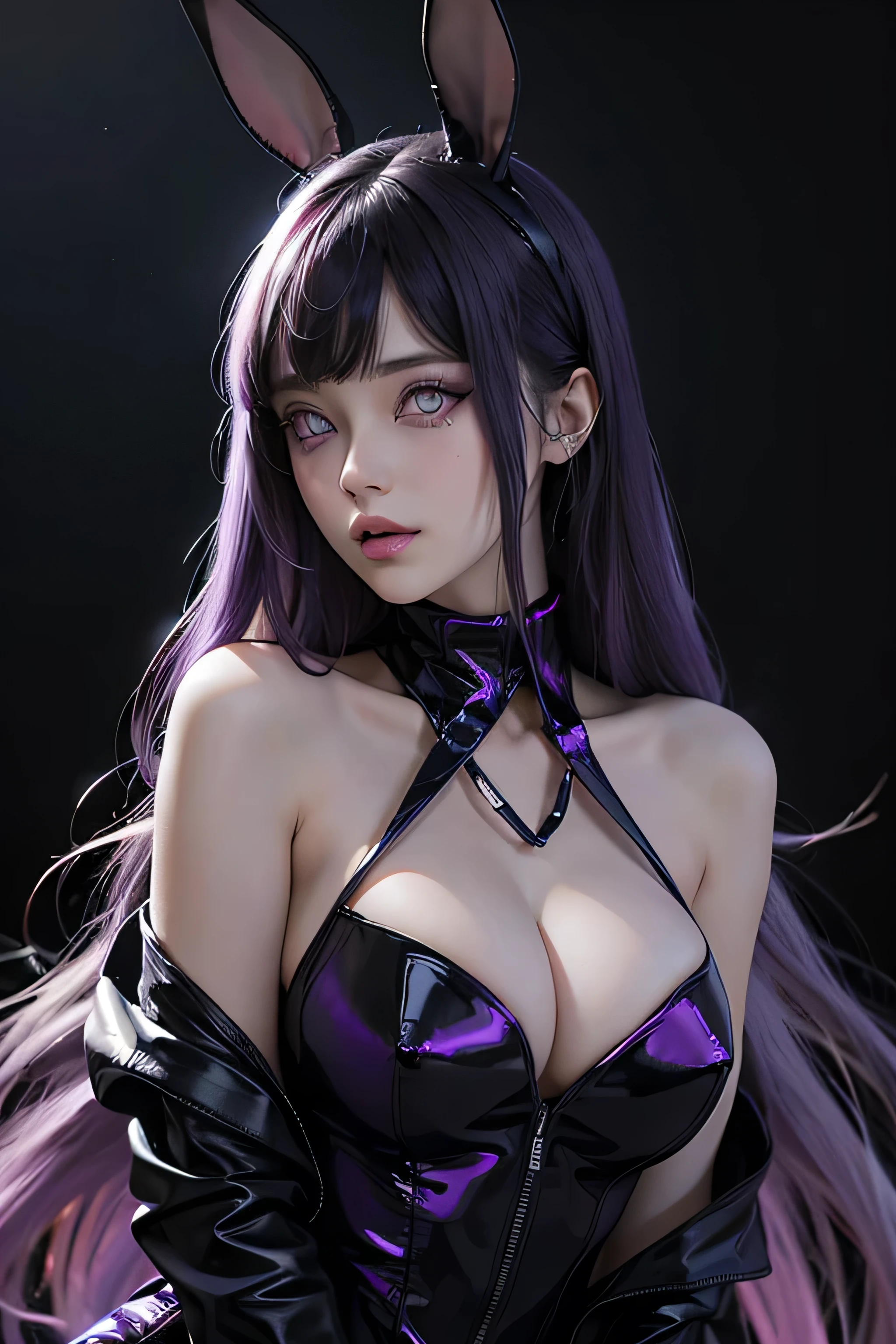 One female , bright purple eyes , "pupils glowing purple" , "two color hair, black hair , blonde highlights" , very_long_hair , large_breasts , perfect figure , playboy_bunny , detailed face , masterpiece , best quality , ultra detailed , (detailed background) , perfect shading , high contrast , best illumination , extremely detailed , ray tracing , realistic lighting effects , neon noir illustration , perfect hands:1.1