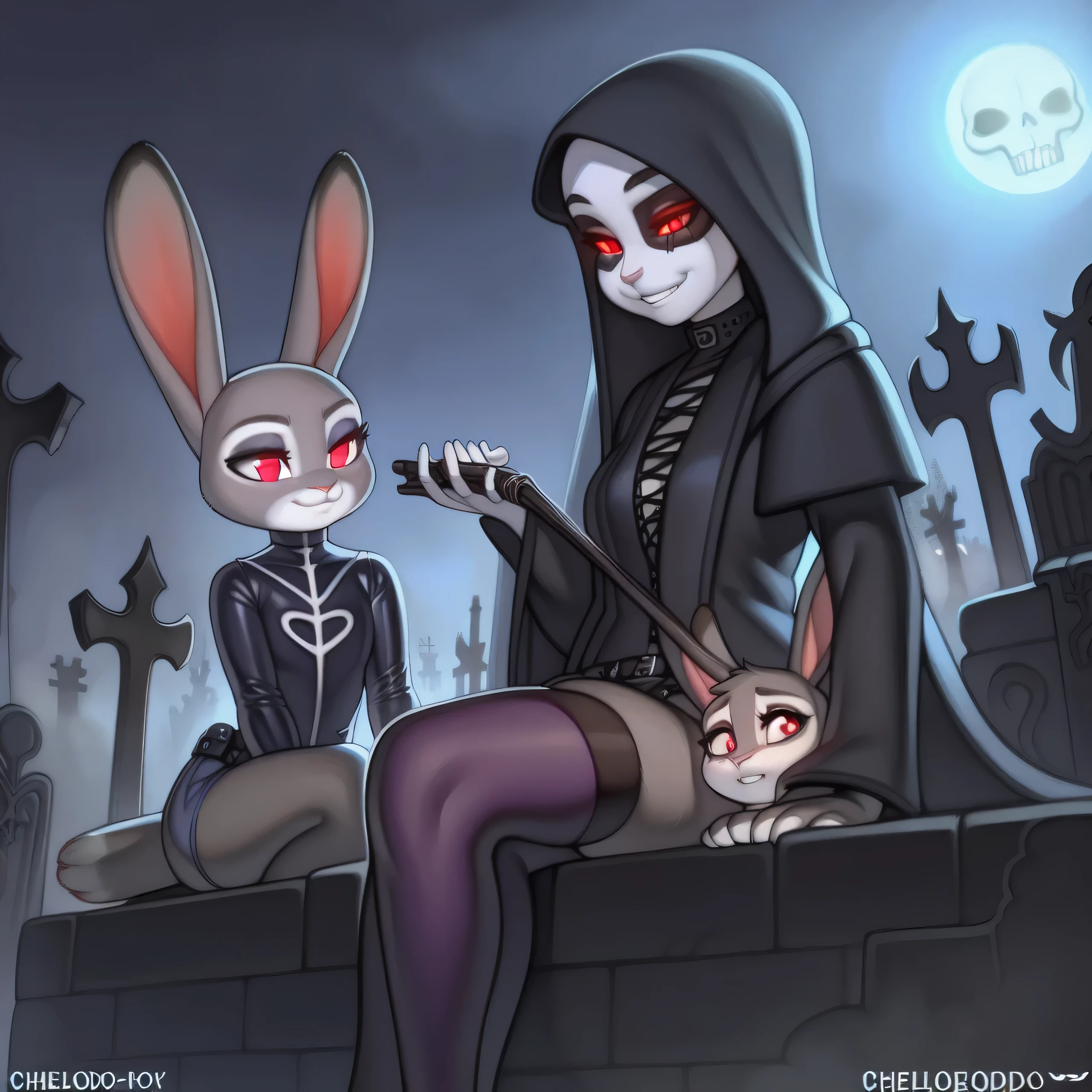 By chelodoy,2 girls, Judy Hopps, goth outfit , stockings, sitting on the skeleton, red eyes, glowing eyes, smirk, holding skull, on the graveyard, fog, night, (detailed face, detailed eyes)
