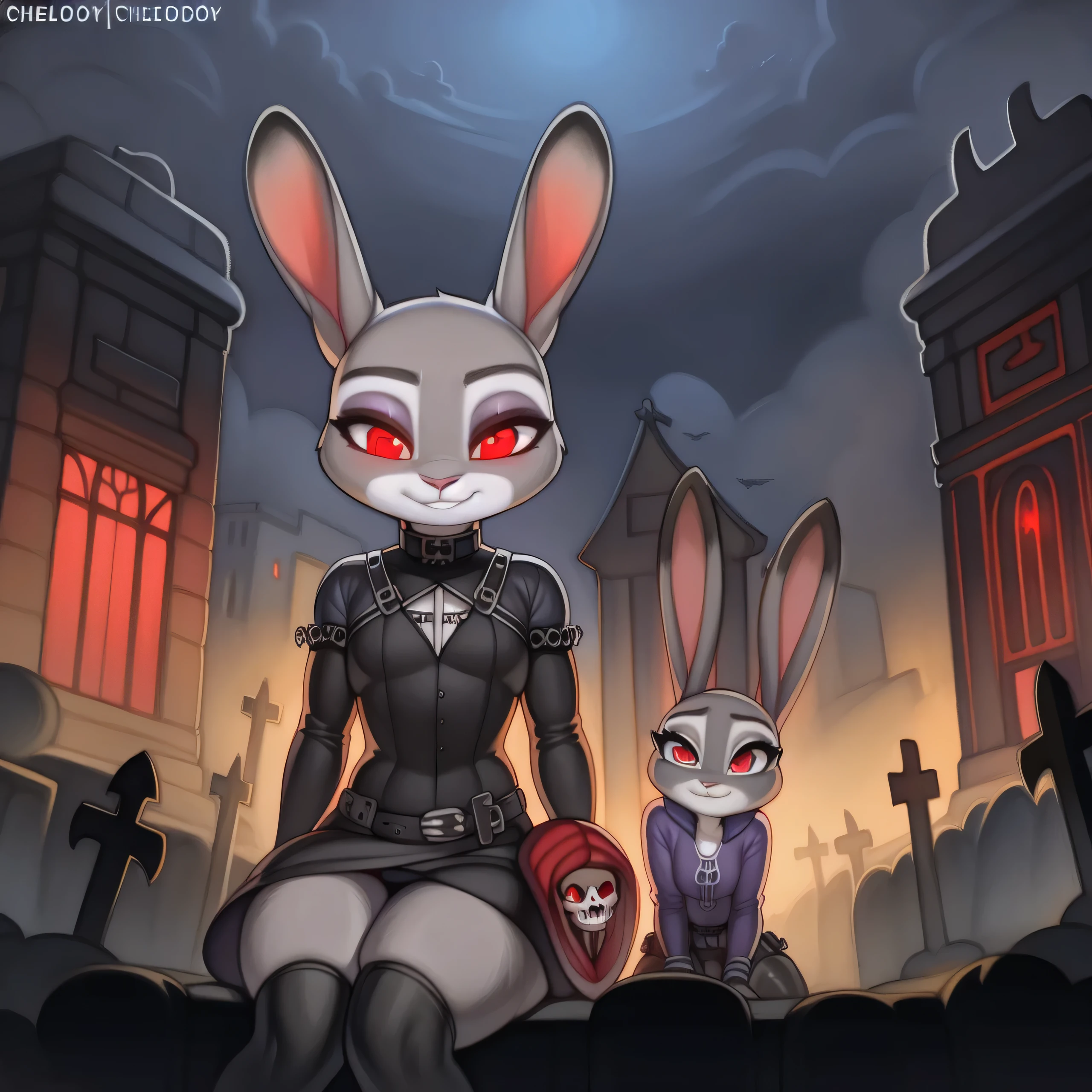 By chelodoy,2 girls, Judy Hopps, goth outfit , stockings, sitting on the skeleton, red eyes, glowing eyes, smirk, holding skull, on the graveyard, fog, night, (detailed face, detailed eyes)