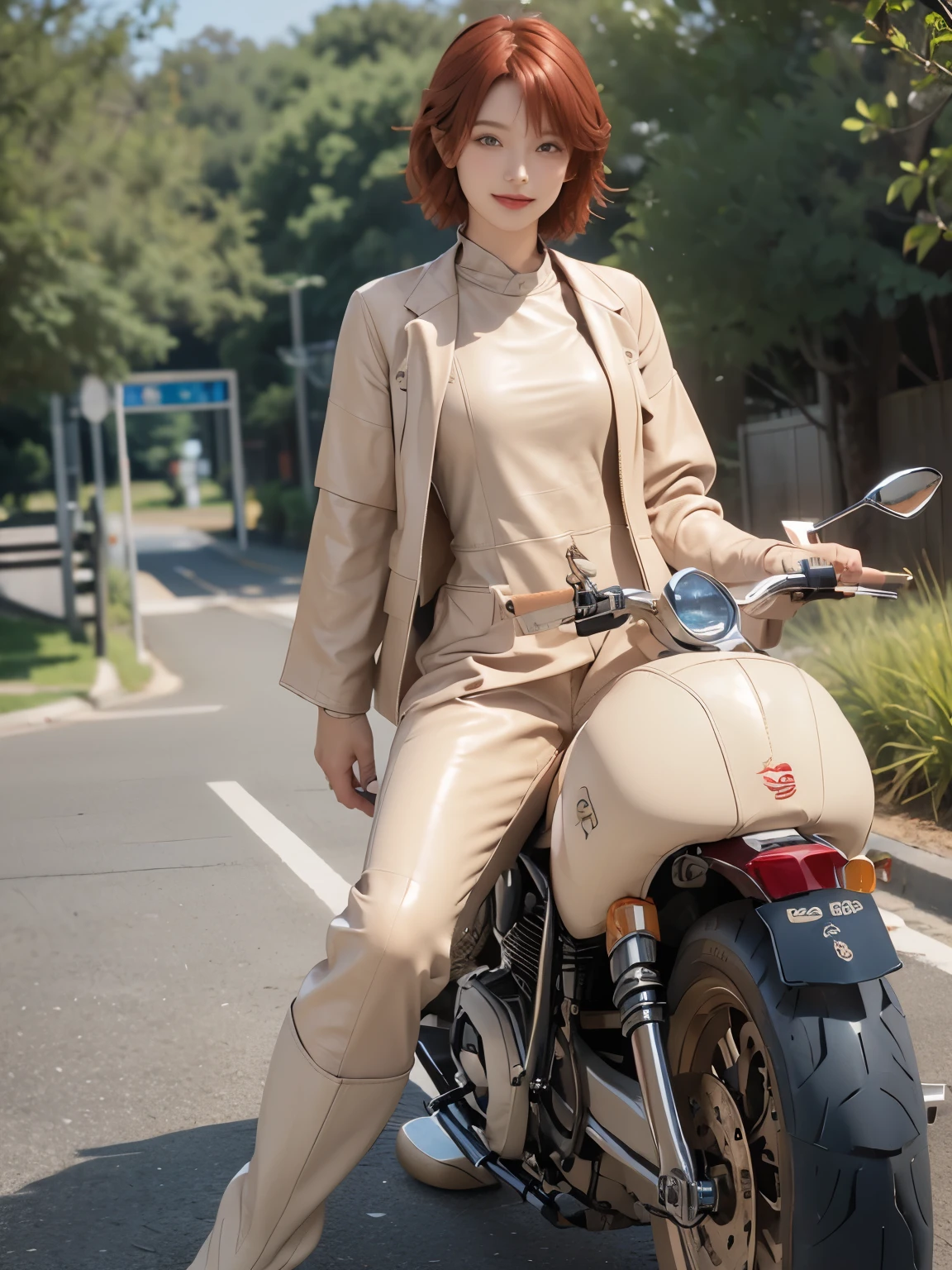 (masterpiece:1.3), (8k, Realistic, RAW Photos, highest quality:1.4), (Realistic face), (Red hair, short hair:1.3), Beautiful hairstyle, Realistic eyes, Beautiful little blue eyes, (Realisticな肌), (Beautiful Skin), (((Riding a motorcycle outdoors))), charm, Ultra-high resolution, Golden Ratio, Long limbs、((30 year old beauty))、((smile)), ((Full Body Shot)), ((((Beige leather suit and long boots))))