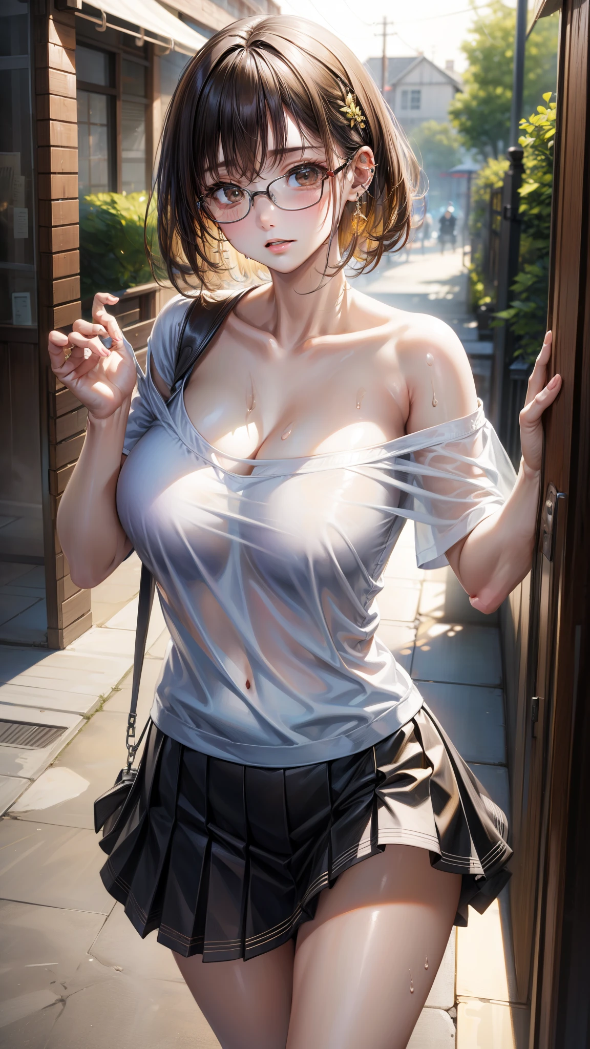 ((Best quality, 8k, Masterpiece: 1.3)), Sharp focus: 1.2, A beautiful woman with perfect body: 1.4, Slim abdomen: 1.2, ((Layered haircut, Large breasts: 1.2)), (no bra) (Small and beautiful hard nipple) (Thin and damp button up to shirt length: 1.1), (White shirt wet by rain), (Rain, Street: 1.2), Wet body: 1.1, Highly detailed face and skin texture,  Detailed eyes, Double eyelid, tanned skin, sexy, tan