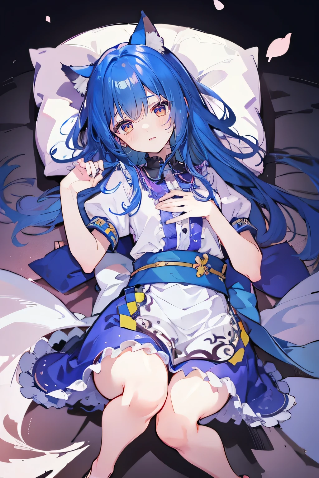 (masterpiece:1.2),Super detailed,lifelike,Expressive eyes,fair skin,perfect face shape,1 girl,
Japanese comics,Gorgeous blue hair,flowing blue hair,flowing clothes,Cat ears,Petals fall,beautiful lola,Baby Angel,
Shaking head with one hand,Lying gracefully on the ground,Cross your legs,Gentle and peaceful background,The pavilion is cool and comfortable,smile.