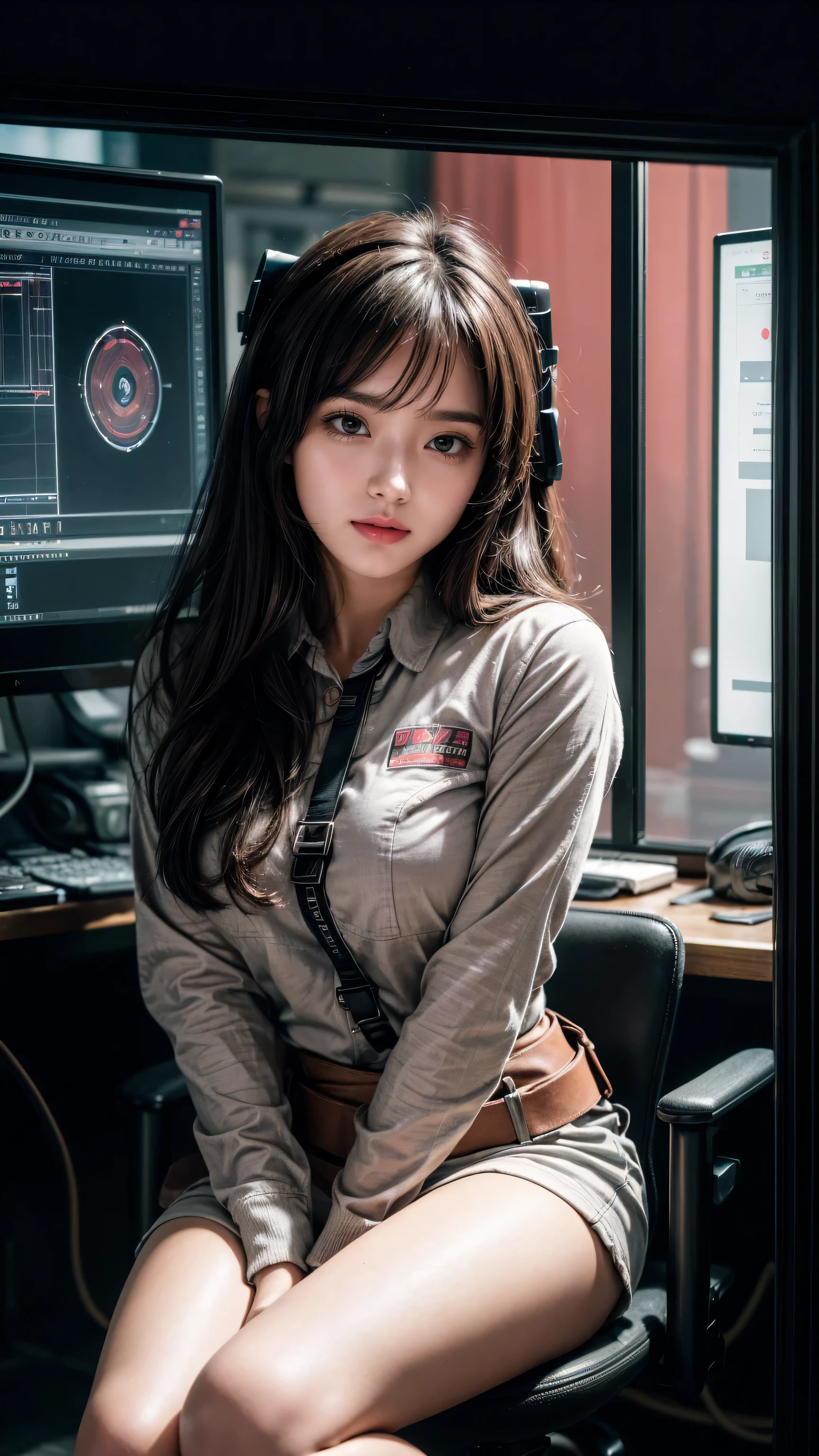 Ridiculous resolution, high resolution, (masterpiece: 1.4), Ultra Detail, Dark-haired young woman dressed as a technician, Blush and excited expressions, Sitting in the extremely small and closed mecha control room