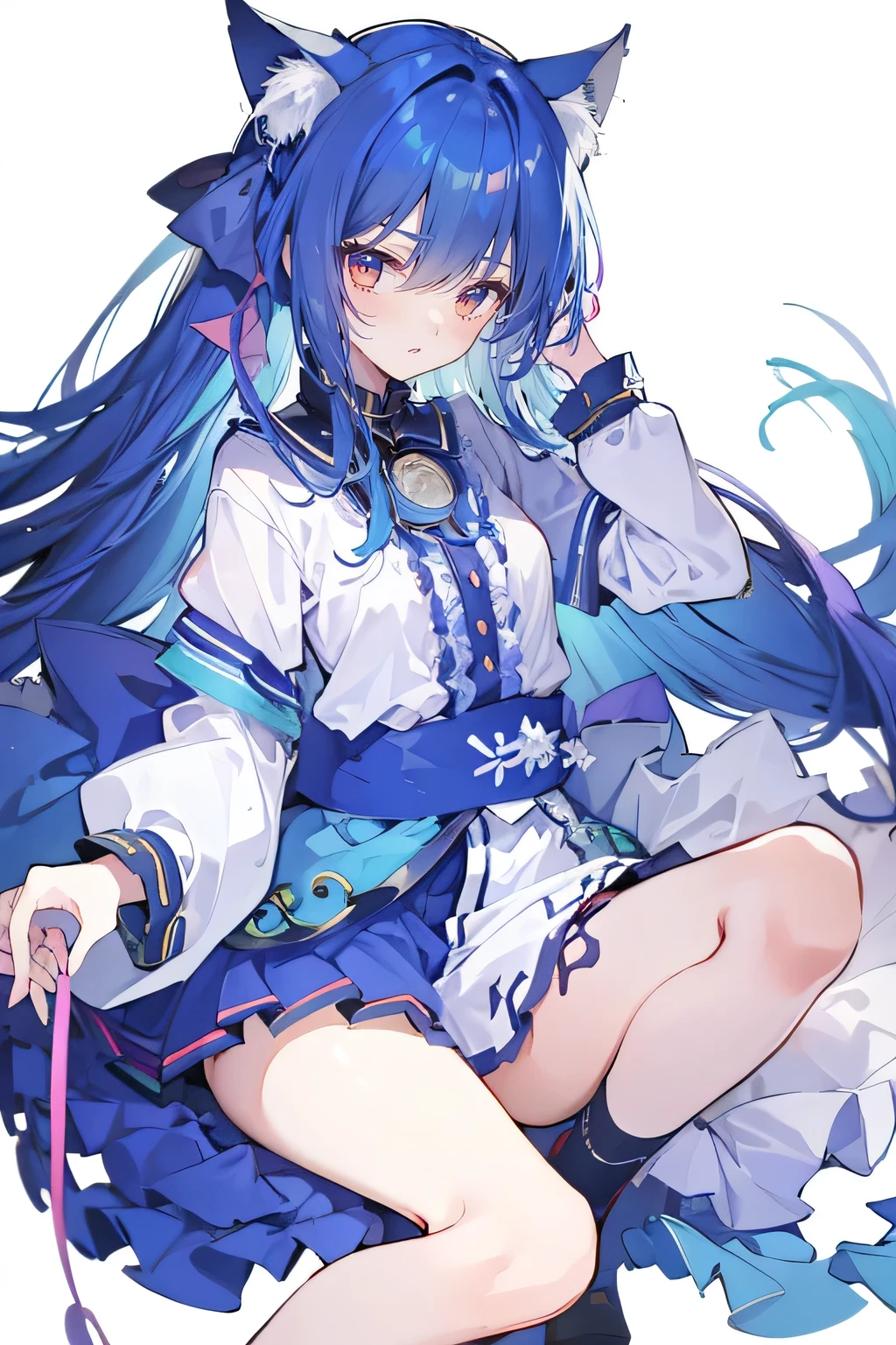 (masterpiece:1.2),Super detailed,lifelike,Expressive eyes,fair skin,perfect face shape,1 girl,
Japanese comics,Gorgeous blue hair,flowing blue hair,flowing clothes,Cat ears,Petals fall,beautiful lola,Baby Angel,
Shaking head with one hand,Lying gracefully on the ground,Cross your legs,Gentle and peaceful background,The pavilion is cool and comfortable,smile.