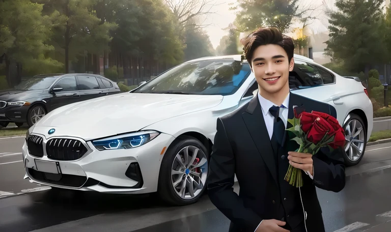 （hlaf body potaid：1.3），front view，cute，Smile，Superior quality，masterpiece，Beautiful hands，Ultra-high resolution，（Realism：1.4），Portrait of handsome young man wearing black suit，There are many flowers inside，He holds a bouquet of red roses to celebrate Valentine&#39;s Day，Valentine&#39;s Day style，Plain background，front view
