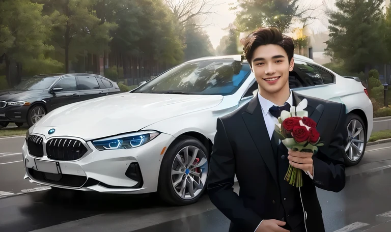 (hlaf body potaid:1.3),front view,cute,Smile,Superior quality,masterpiece,Beautiful hands,Ultra-high resolution,(Realism:1.4),Portrait of handsome young man wearing black suit,There are many flowers inside,He holds a bouquet of red roses to celebrate Valentine's Day,Valentine's Day style,Plain background,front view
