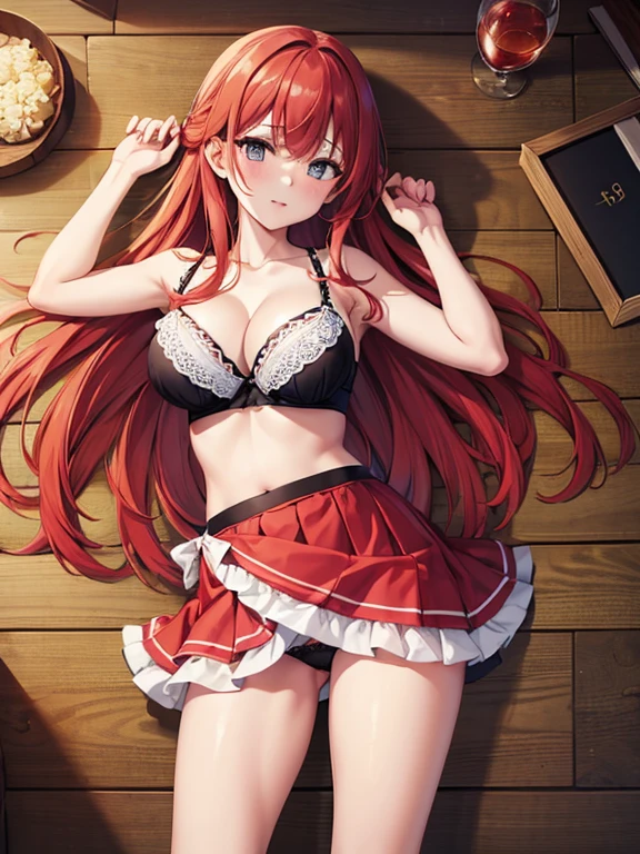 ((high quality)), ((masterpiece)), 8k,1 girl,Big Breasts,Swimwear,Ruffled lace bra,Wrap skirt,panties,Redhead,Long Hair,Tickle