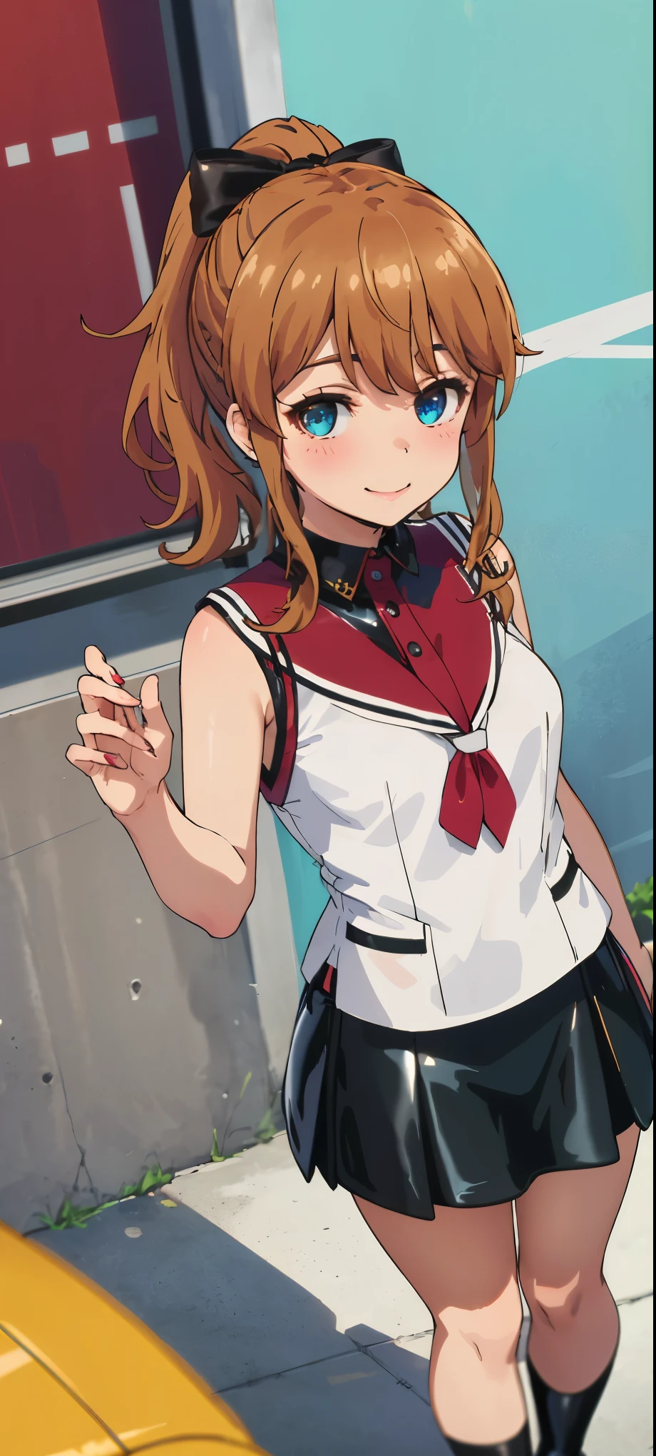 best quality, (masterpiece:1.2), highly detailed, standing, street,
1girl, solo, akatsuki minami,
looking at the viewer, closed mouth, smile, slight blush,
blue eyes, brown hair, ponytail, hair bow, sleeveless, (((dominant girl, latex skirt,  latex shirt )))