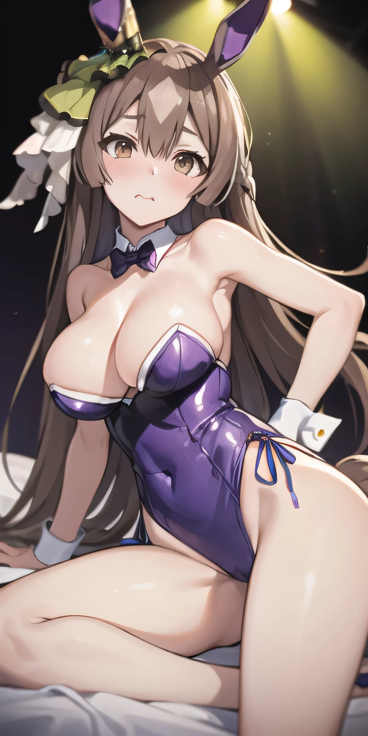 masterpiece, highest quality, close, Face shot, \(Umamusume\),((Purple Bunny Girl))、sit、Leg spread、semen、Mansuji、On the bed、Low - Angle、(((Big Breasts)))、Nightclub、Embarrassed、1st from the bottom.3