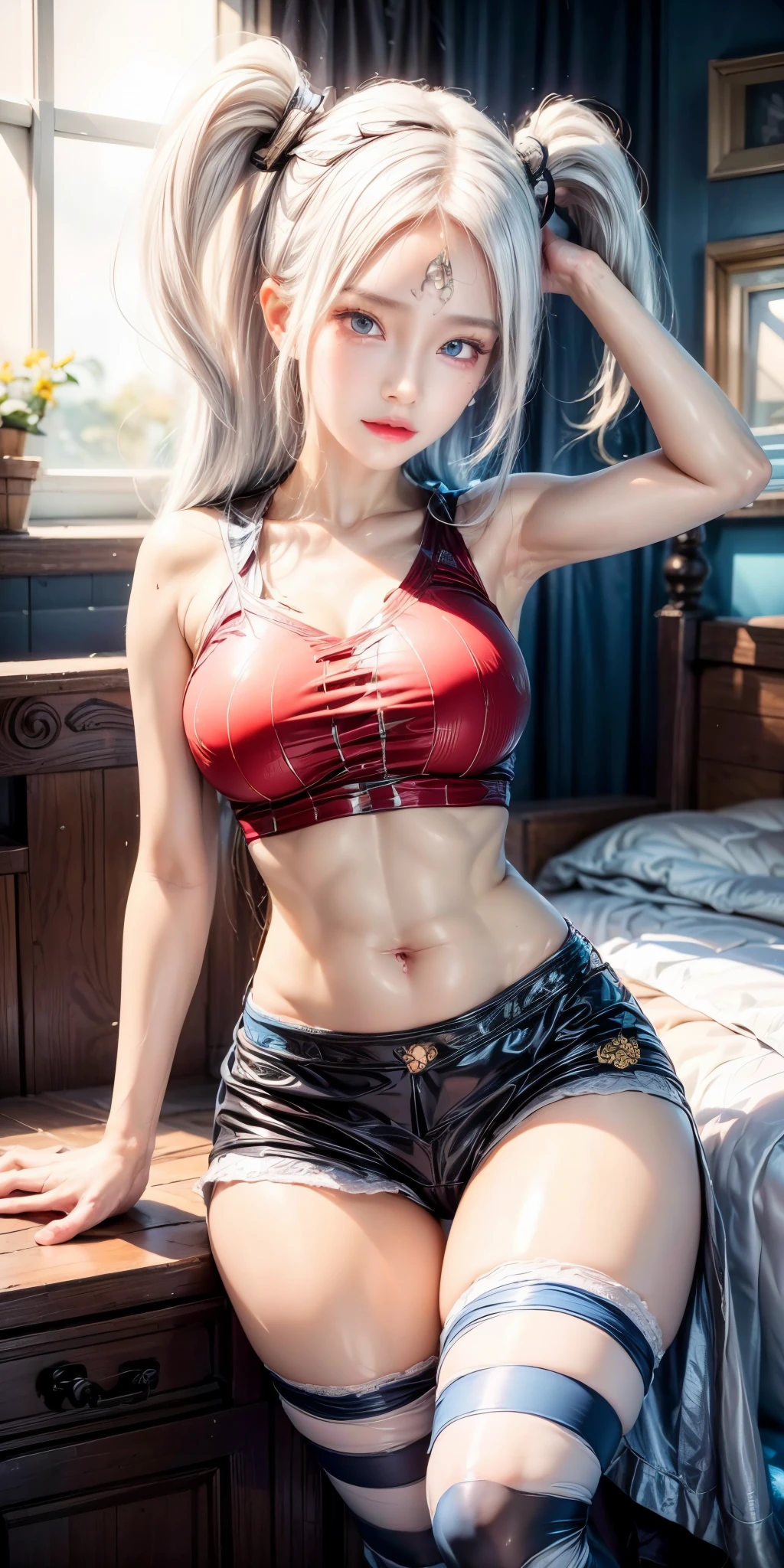 realistic, 1gril, per HD, 12k, wearing Allstars shoes, slim body, rather big body, six pack body, big round breasts, no clothes, beautiful breasts, looking at the camera, sitting on the sofa, long black hair, facial details, detailed person, body details, clothing details, hair details, body details, body details, breast details, vagina details, clothes, eye details, sweat details, water details, pose (knees bent and legs wide apart) whole body