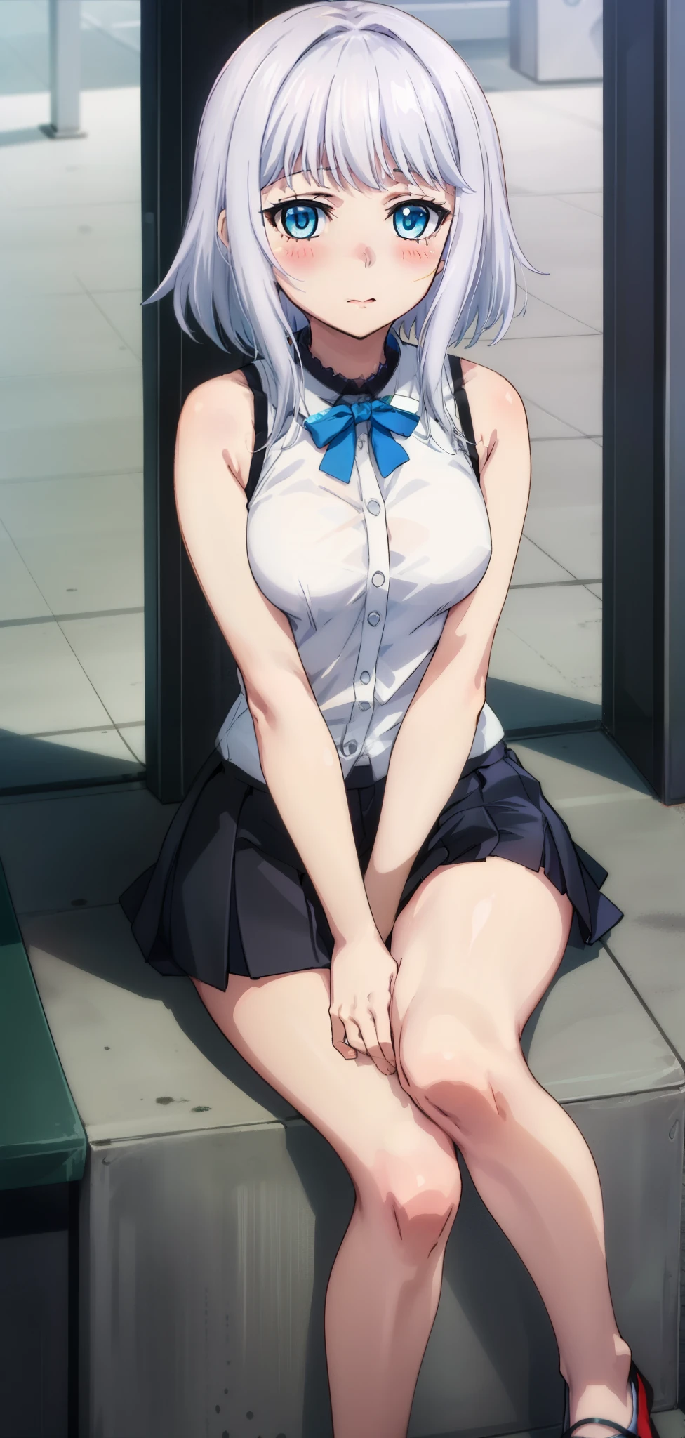 1 girl, kanon kanase, blush, medium breasts, sleeveless,((short skirt)), sitting, 20-year-old, healthy skin.