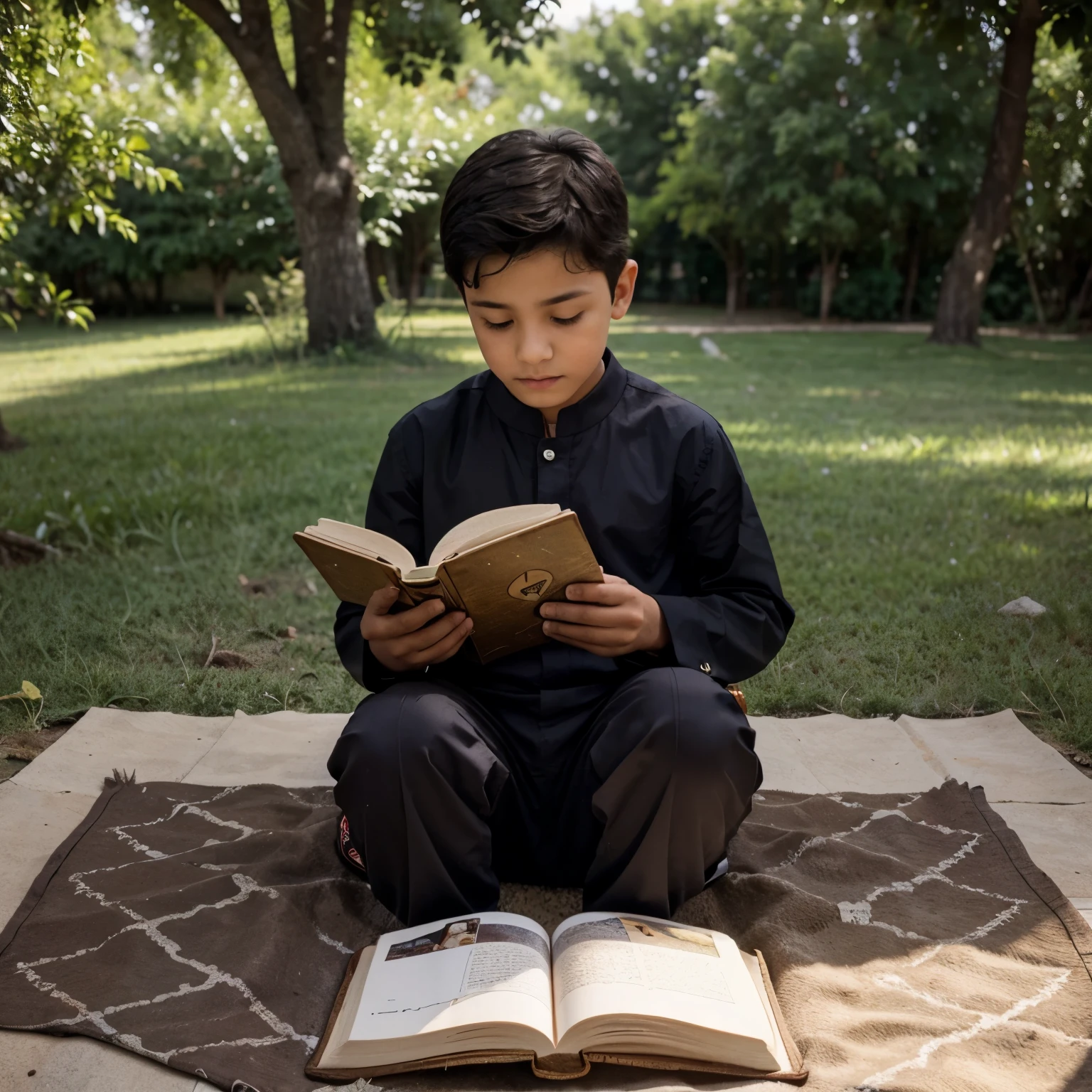 boy is sitting and reading a book in a beautiful natural environment.

The son's name is M. A. Arafat. The boy obeys Islamic precepts