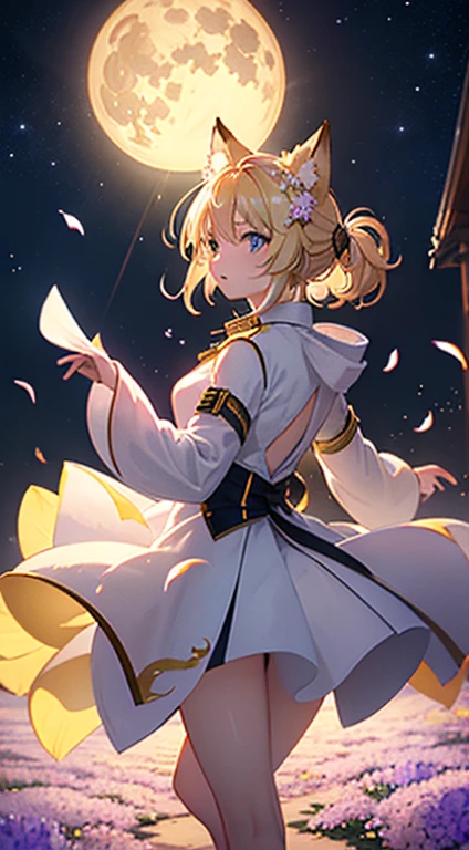 1people々々々々々々々々々々,Woman with medium length blonde hair,Fox Ears,Long coat,Takageta, Dress Silhouette, Rear View,Space Sky, Flower Field,Colorful flowers,Dancing Petals,full moon,