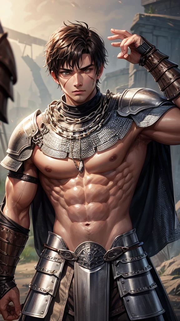 Man, warrior, young, Sturdy physique, in chain mail armor, Brown eyes, scar on face, short, dark hair, crew cut