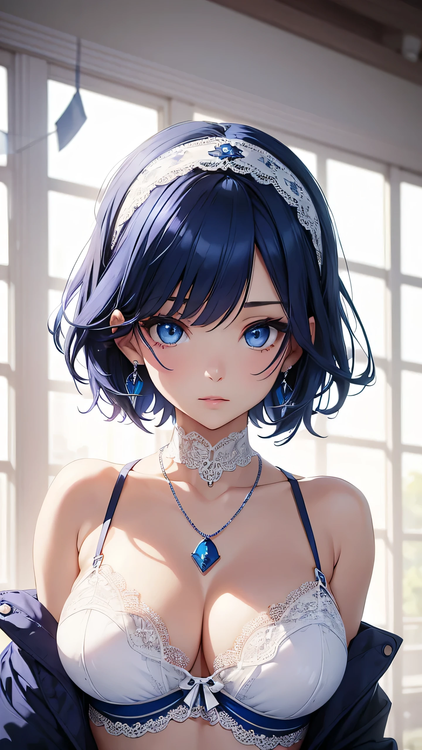 beautiful girl, Navy Blue Hair, Blue eyes, White underwear、White lace、Big Breasts、super close range、Blue Necklace、Blue earrings、head band、short hair