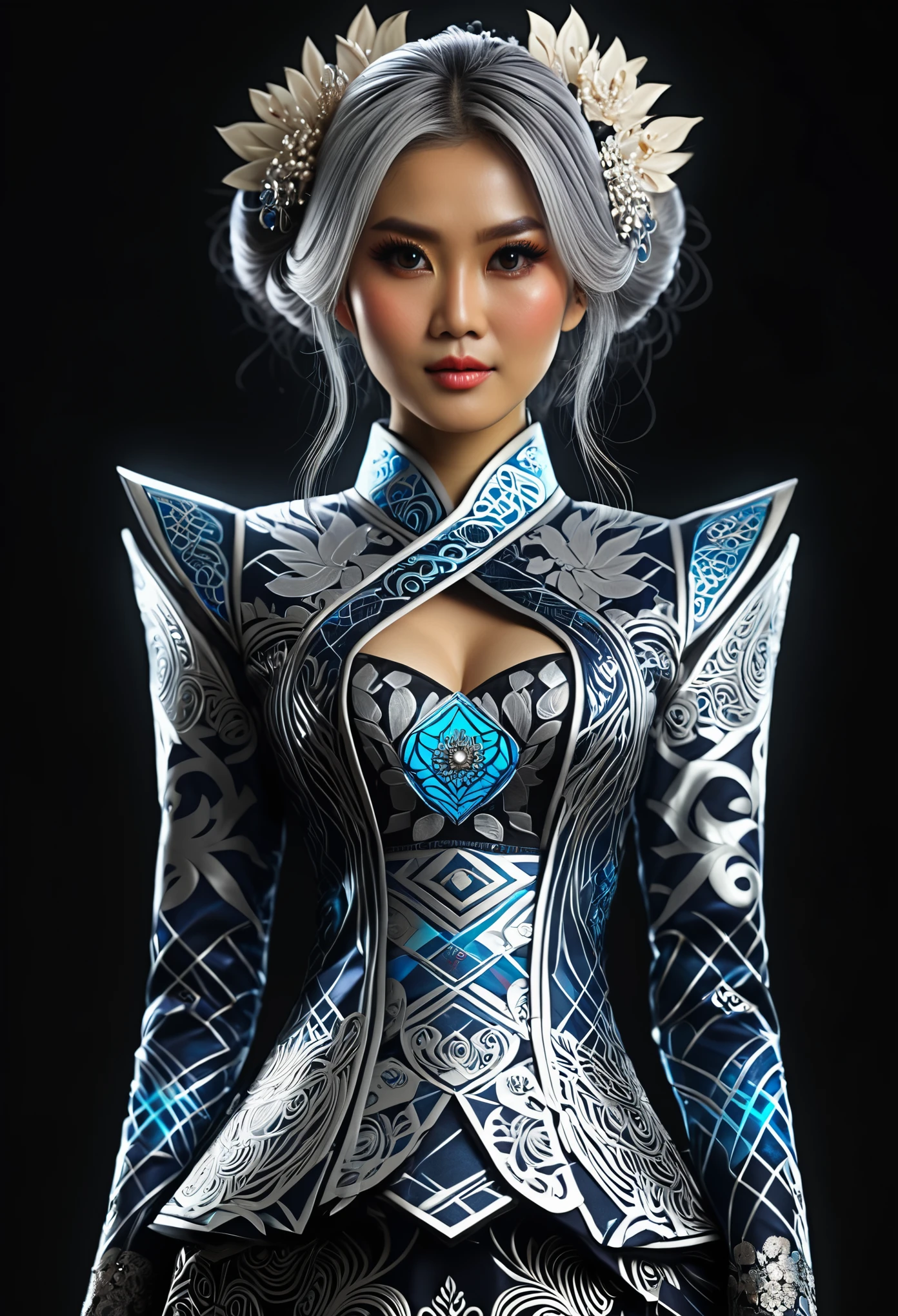 (high quality), (masterpiece), (detailed), 8K, Hyper-realistic digital illustration depicts the (upper body1.3) of a (Japanese woman1.3) with (vibrant silver hair1.5) and (intense silver eyes1.5) wearing a (futuristic kebaya1.2) with (intricate batik patterns1.2) inspired by Indonesian culture. Her (fantasy outfit1.2) is adorned with (glowing accents1.2) and (neon lights1.2), reflecting the modern and futuristic atmosphere. In style of Ash Thorp, trending on DeviantArt.