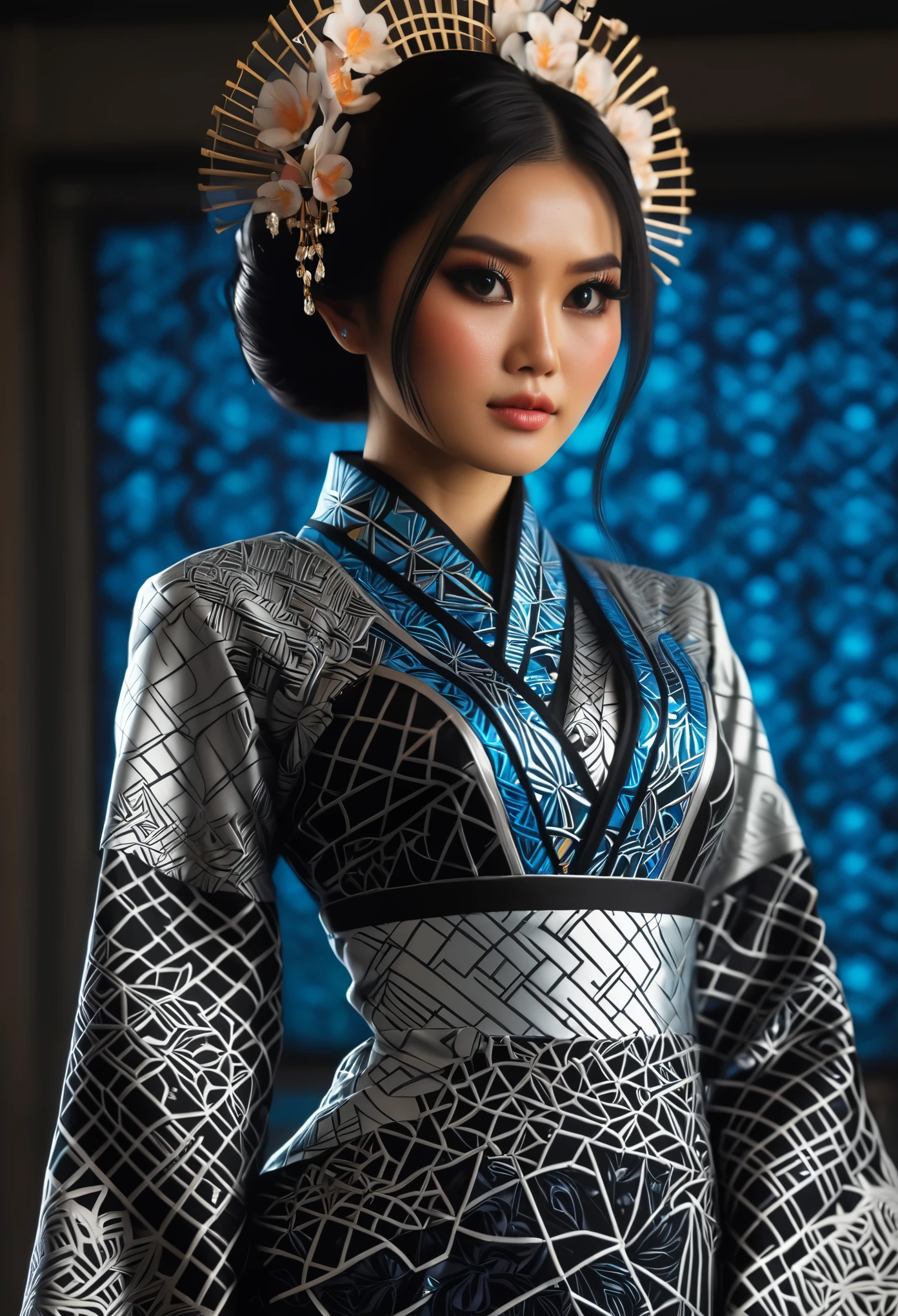 (high quality), (masterpiece), (detailed), 8K, Hyper-realistic digital illustration depicts the (upper body1.3) of a (Japanese woman1.3) with (vibrant black hair1.5) and (intense black eyes1.5) wearing a (futuristic kebaya1.2) with (intricate batik patterns1.2) inspired by Indonesian culture. Her (fantasy outfit1.2) is adorned with (glowing accents1.2) and (neon lights1.2), reflecting the modern and futuristic atmosphere. In style of Ash Thorp, trending on DeviantArt.