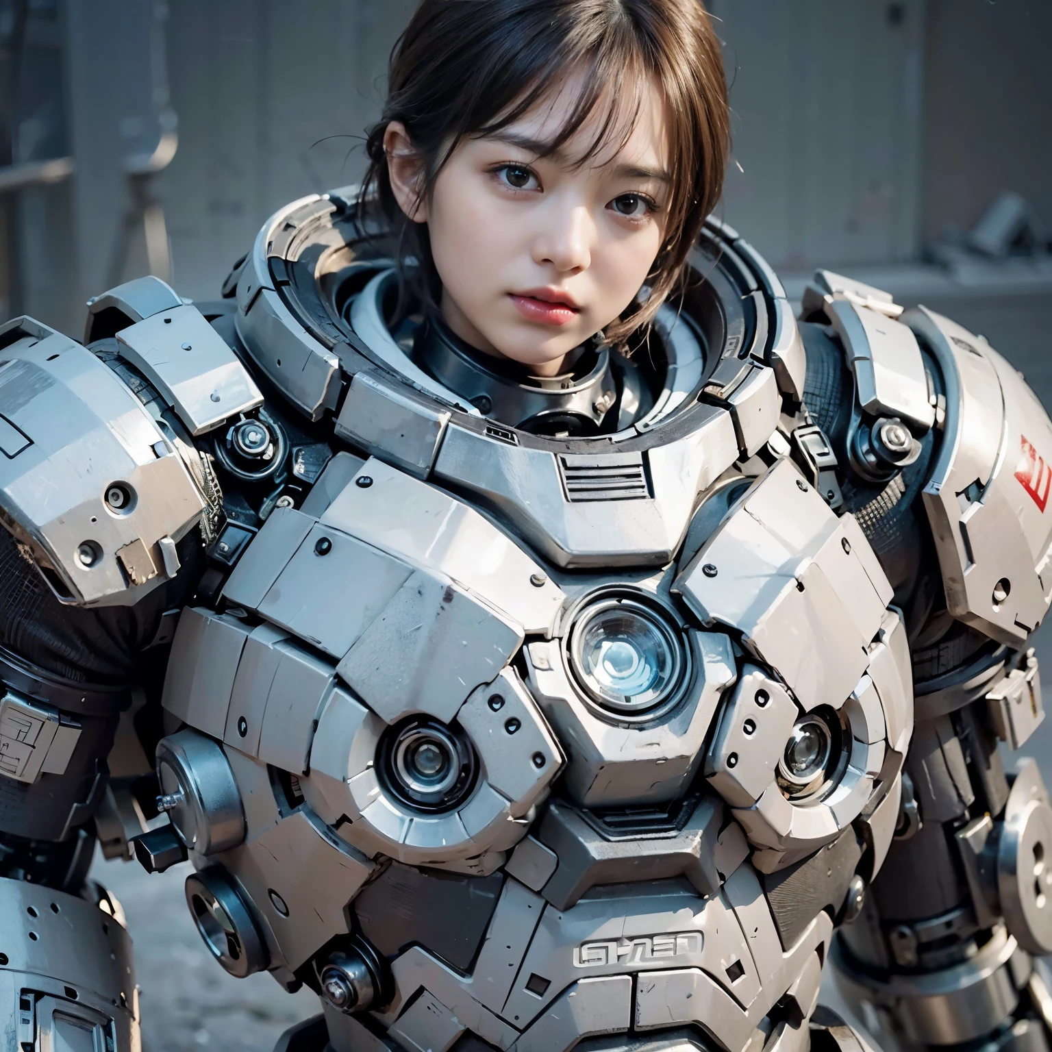 (masterpiece, best quality:1.2), (8k uhd, 16k, 32k, ultra high res), (photorealistic:1.37), (RAW photo), ultimate-realistic, ultimate-realistic details, ultimate-realistic texture, ultimate-intricate details, ultimate-realistic lighting, ultimate-realistic shadow, 1 japanese girl, ultimate-cute face, ultimate-RAW skin, ultimate-realistic eyes, (mechanical:1.4), (armor), full body, wide shot