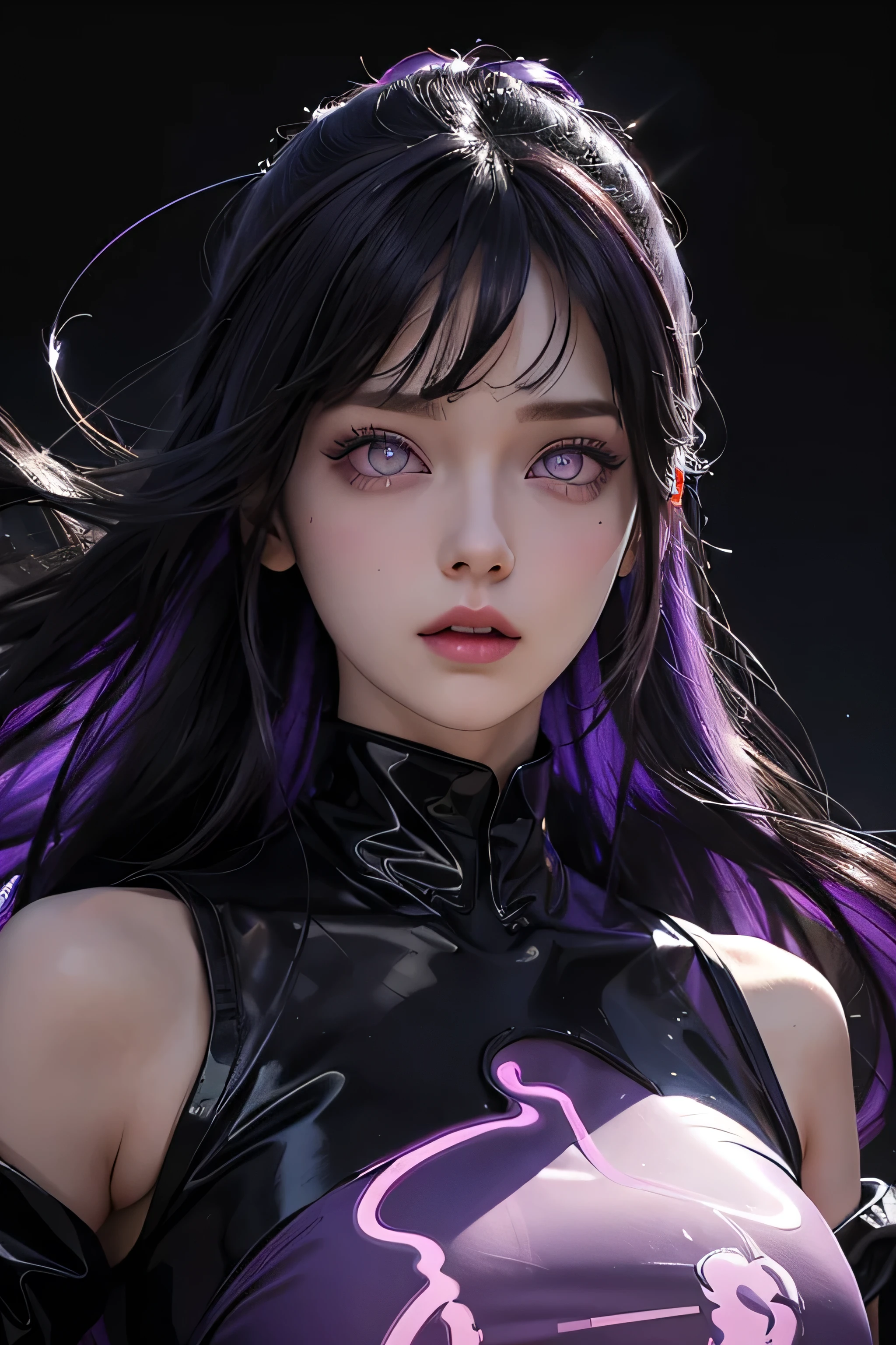 One female , bright purple eyes , "pupils glowing purple" , "two color hair, black hair , blonde highlights" , very_long_hair , large_breasts , perfect figure , playboy_bunny , detailed face , masterpiece , best quality , ultra detailed , (detailed background) , perfect shading , high contrast , best illumination , extremely detailed , ray tracing , realistic lighting effects , neon noir illustration , perfect hands:1.1